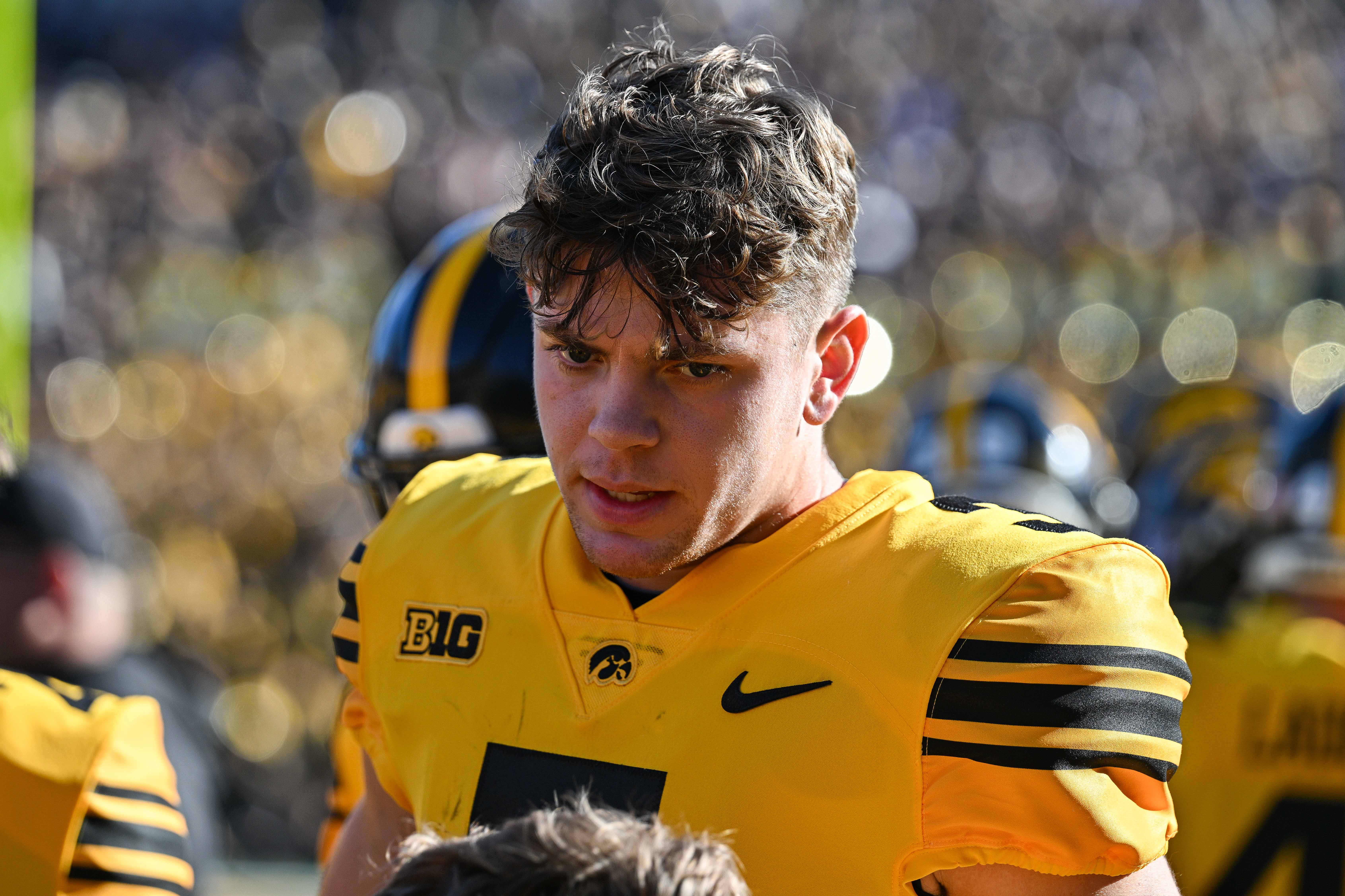 Iowa Hawkeyes defensive back Cooper DeJean (3) looks on during the game against the Minnesota Golden Gophers at Kinnick Stadium.