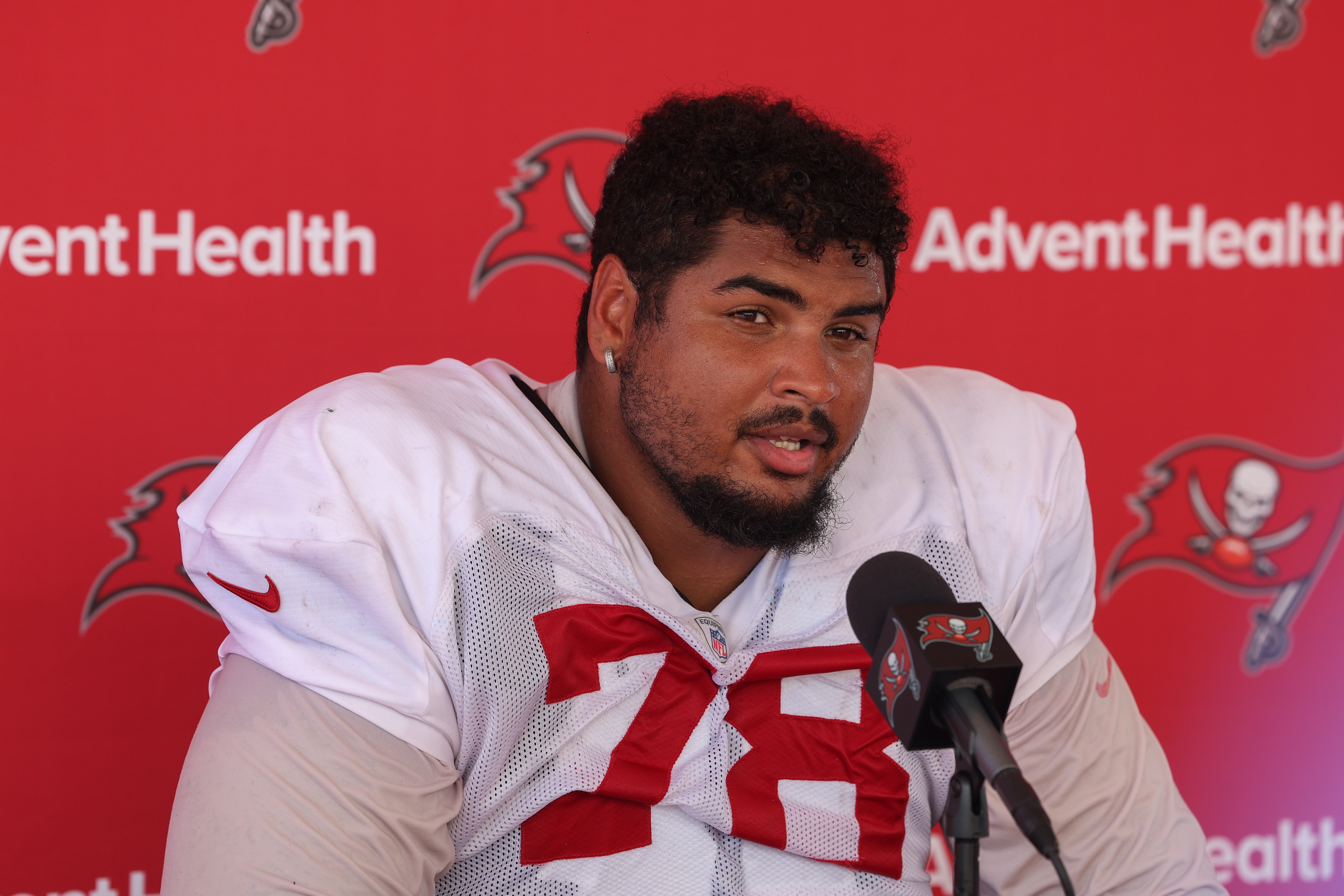 Aug 3, 2023; Tampa Bay, FL, USA; Tampa Bay Buccaneers offensive tackle Tristan Wirfs (78) gives a press conference after training camp at AdventHealth Training Center. 
