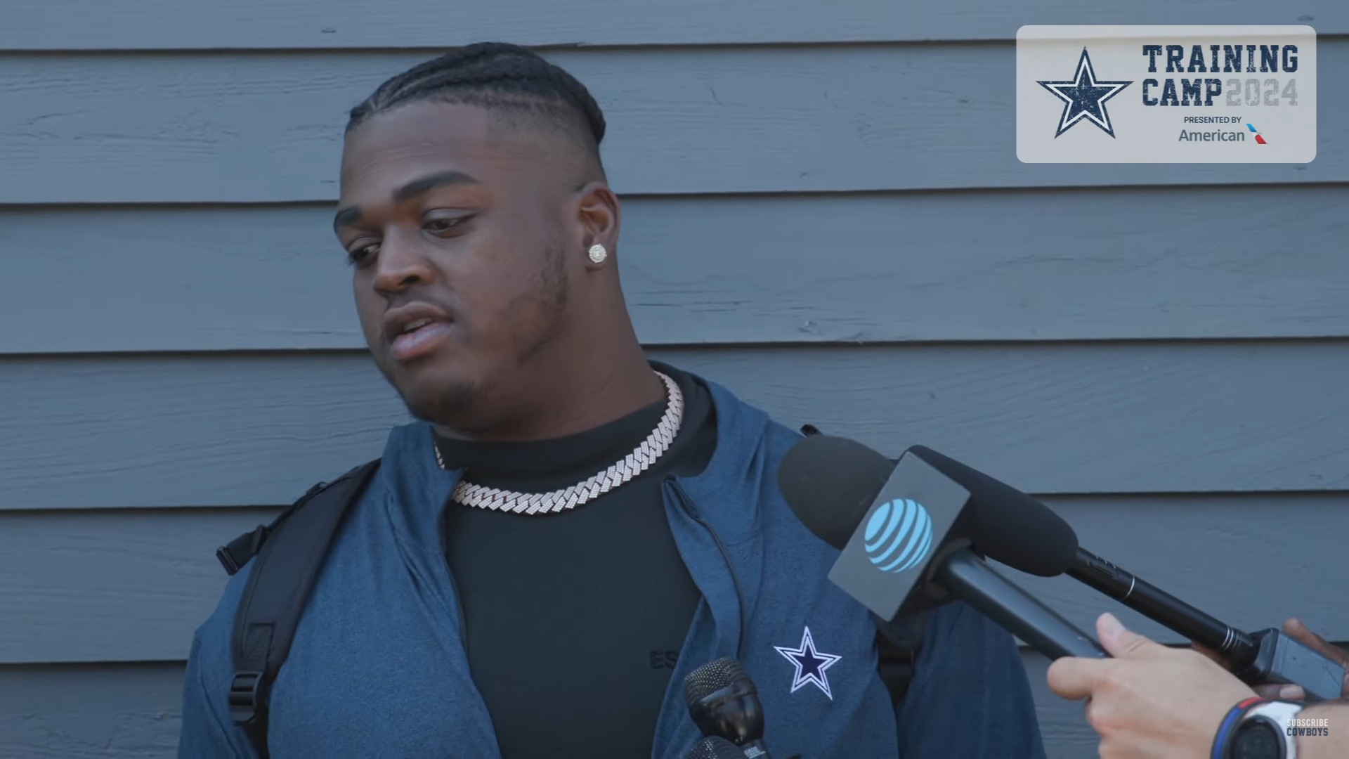 Dallas Cowboys LG Tyler Smith talks to reporters ahead of 2024 training camp.