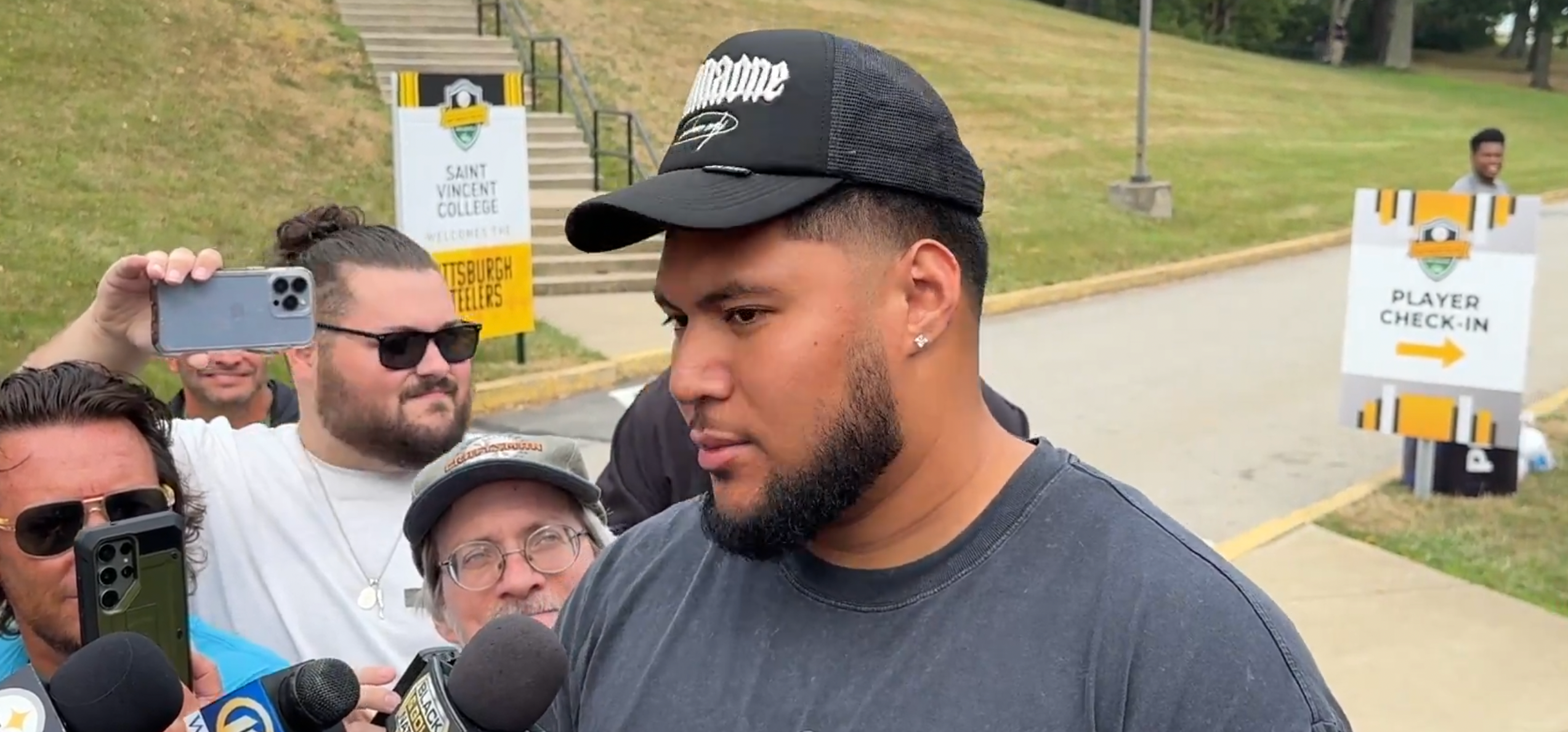 Pittsburgh Steelers Rookie OT Troy Fautanu speaks to the media during report day at training camp in Latrobe
