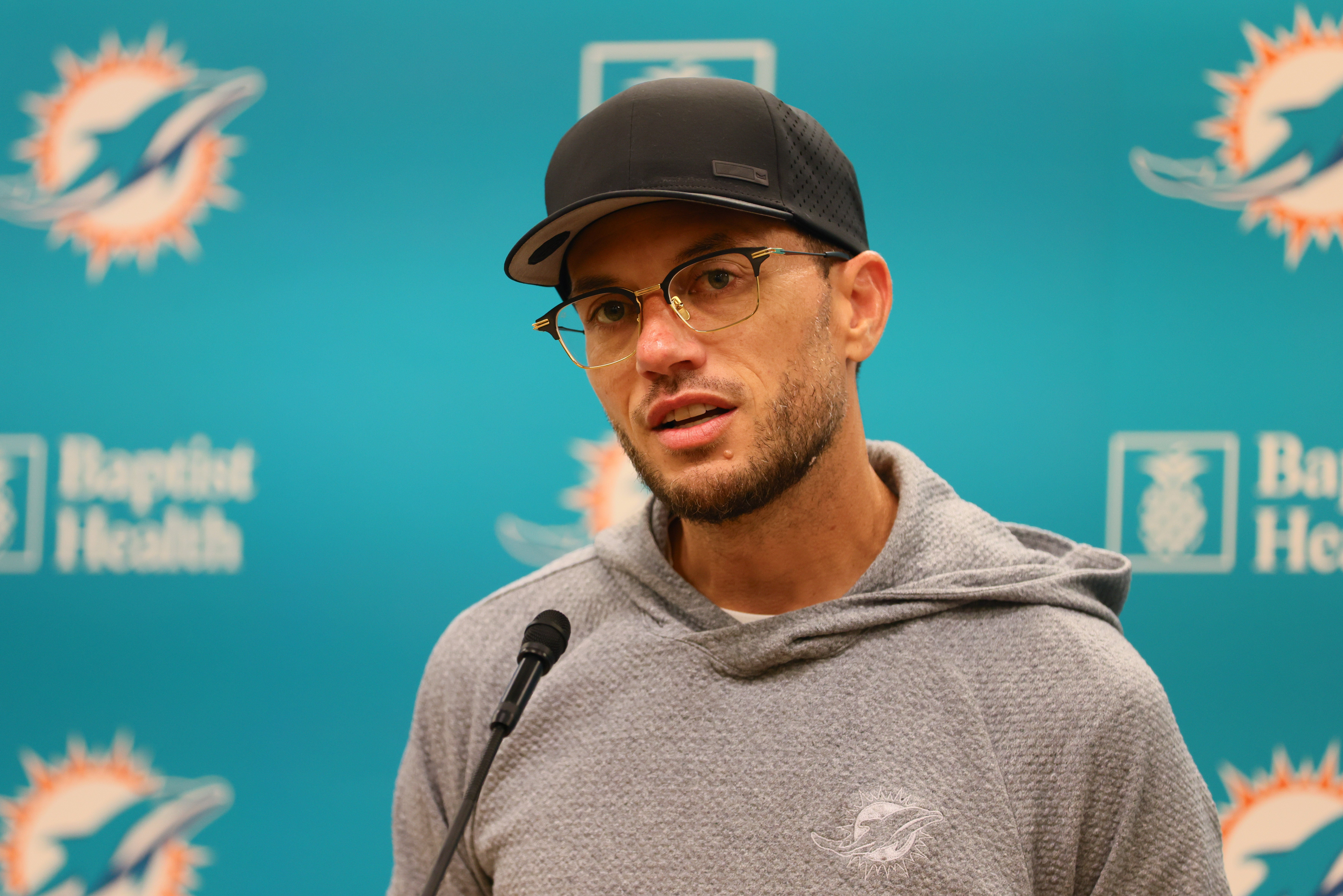 Jun 5, 2024; Miami Gardens, FL, USA; Miami Dolphins head coach Mike McDaniel speaks to reporters during mandatory minicamp at Baptist Health Training Complex.