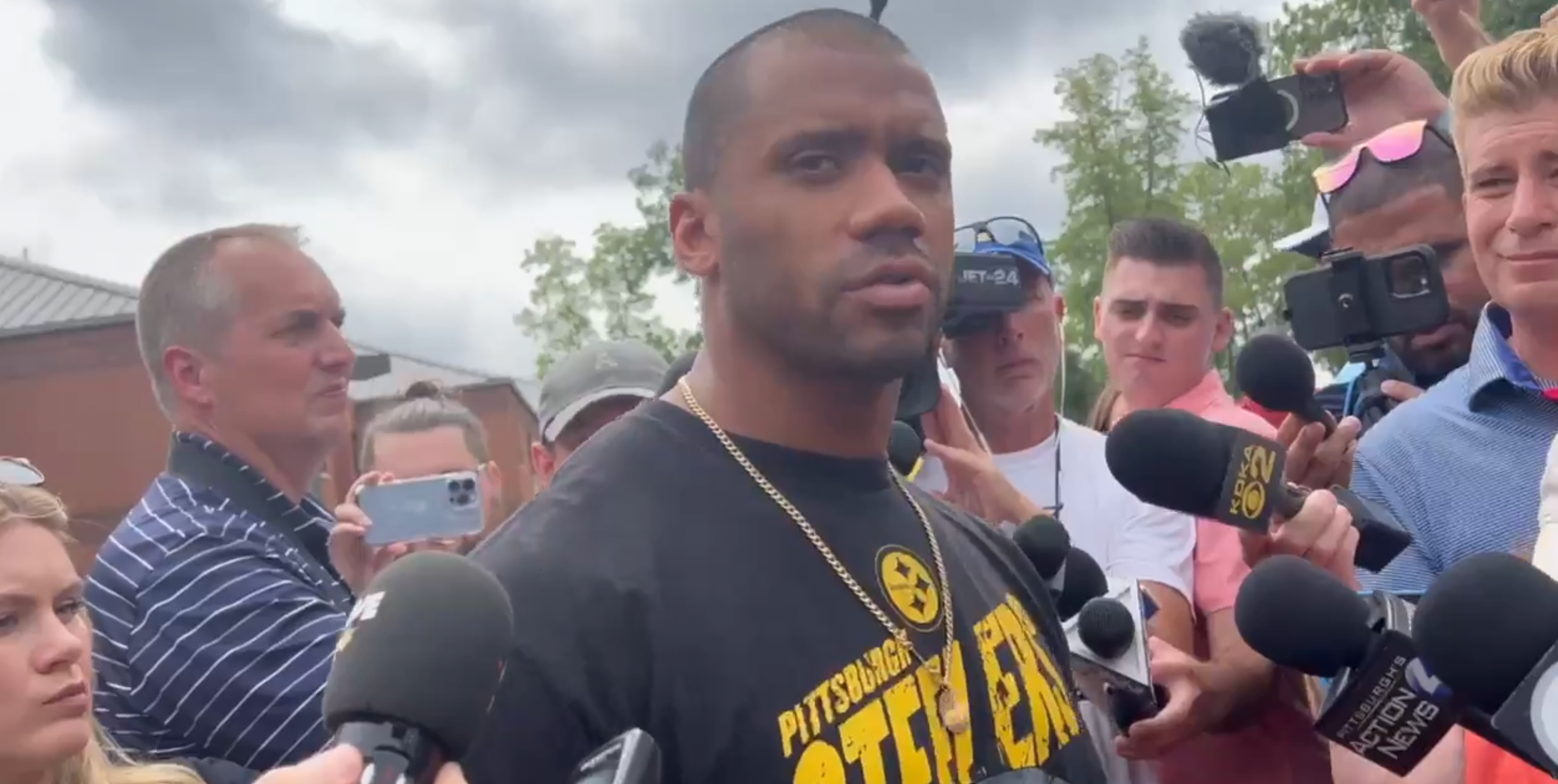 Pittsburgh Steelers QB Russell Wilson addresses the media at training camp during report day at Saint Vincent College in Latrobe