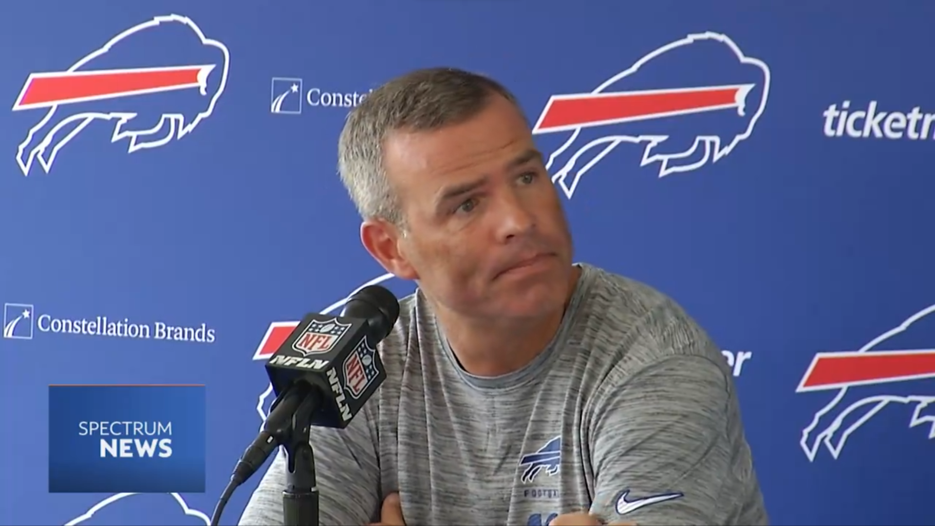 Bills GM Brandon Beane talks to reporters at 2024 training camp.