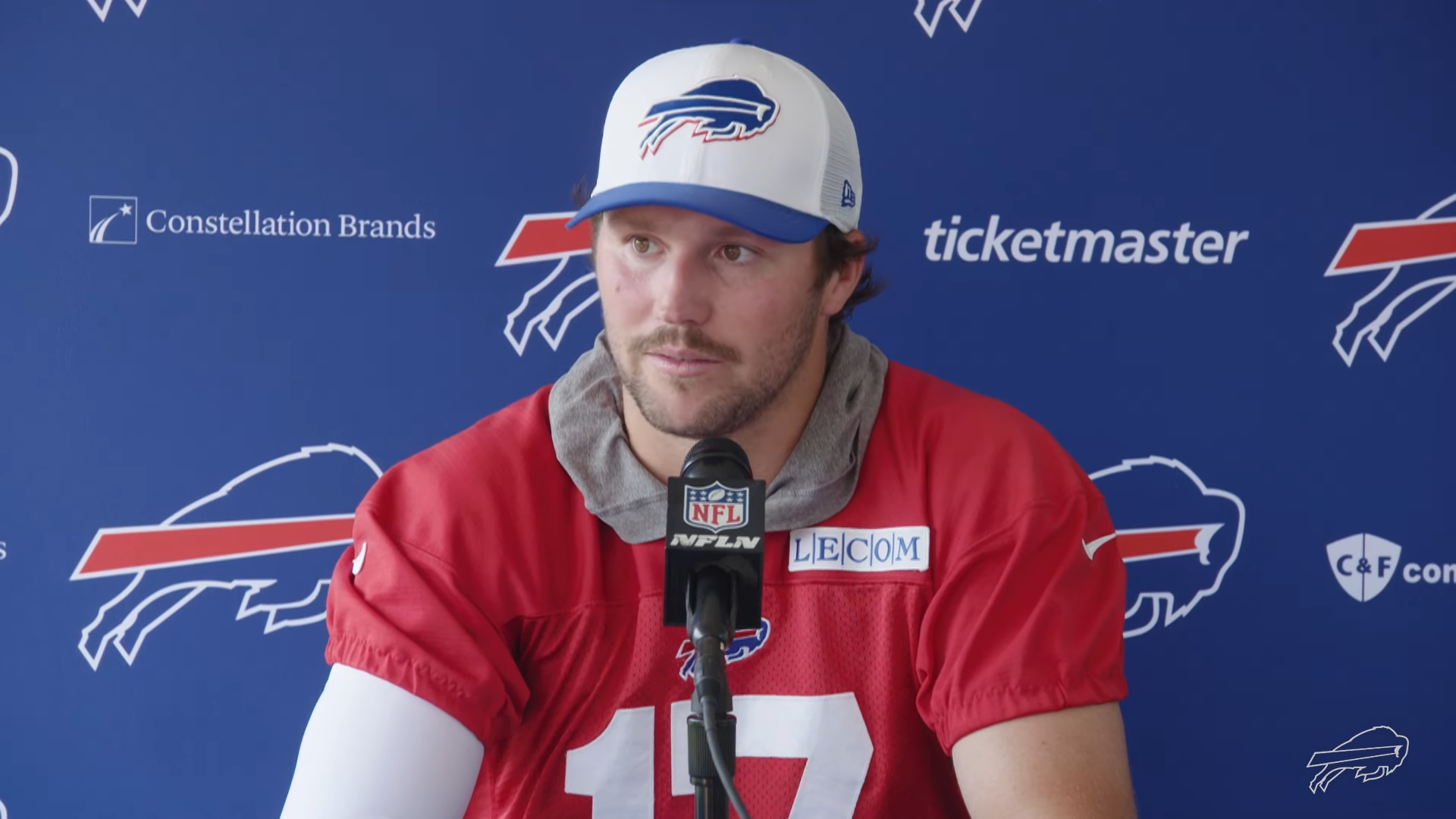 Buffalo Bills QB Josh Allen talks to reporters at 2024 training camp.