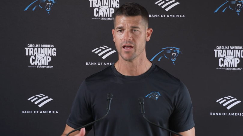 Panthers Head Coach Dave Canales speaks with the media after practice on July 24, 2024.