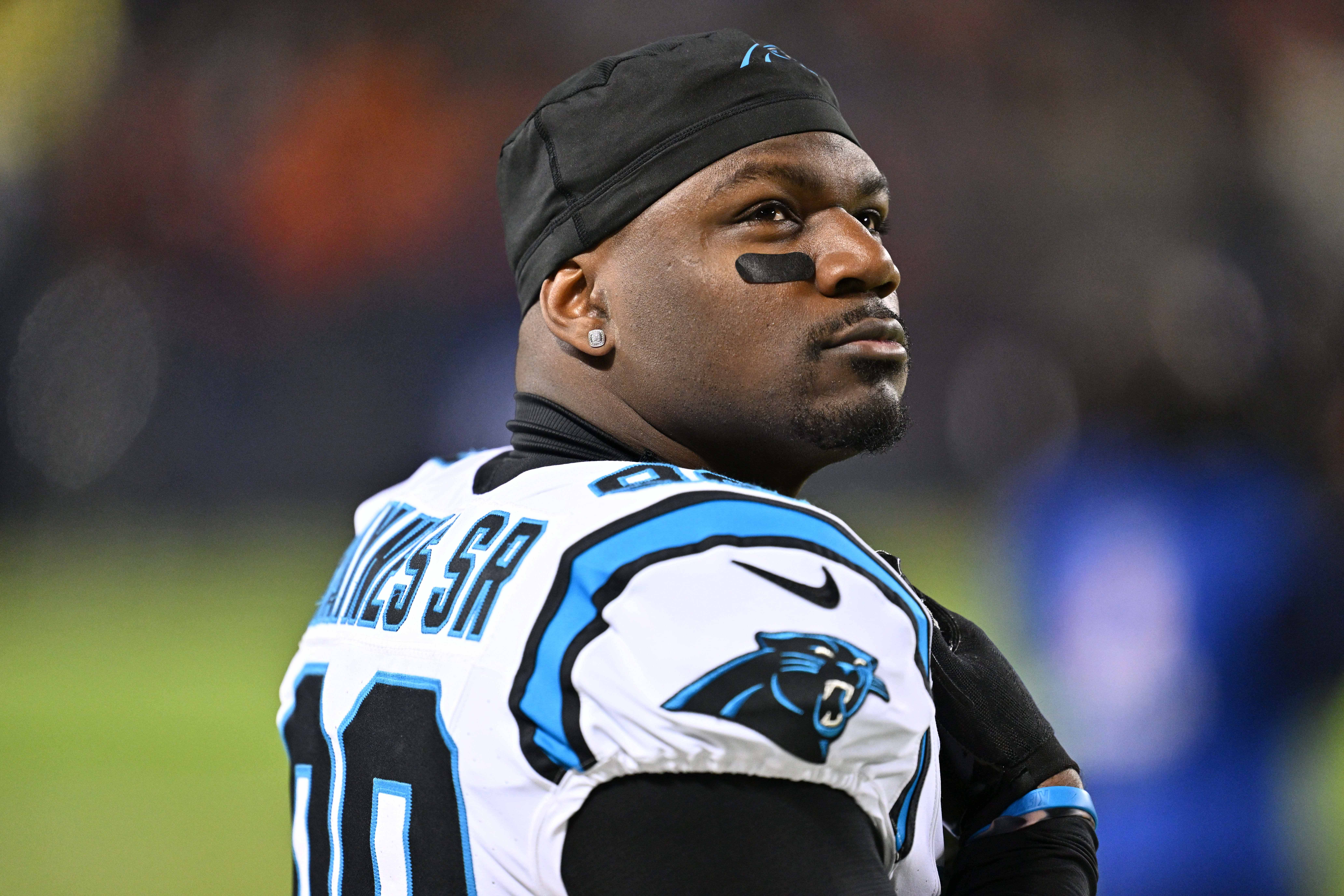 Nov 9, 2023; Chicago, Illinois, USA; Carolina Panthers linebacker Marquis Haynes Sr. (98) waits for the start of a game against the Chicago Bears at Soldier Field. Mandatory Credit: Jamie Sabau-USA TODAY Sports
