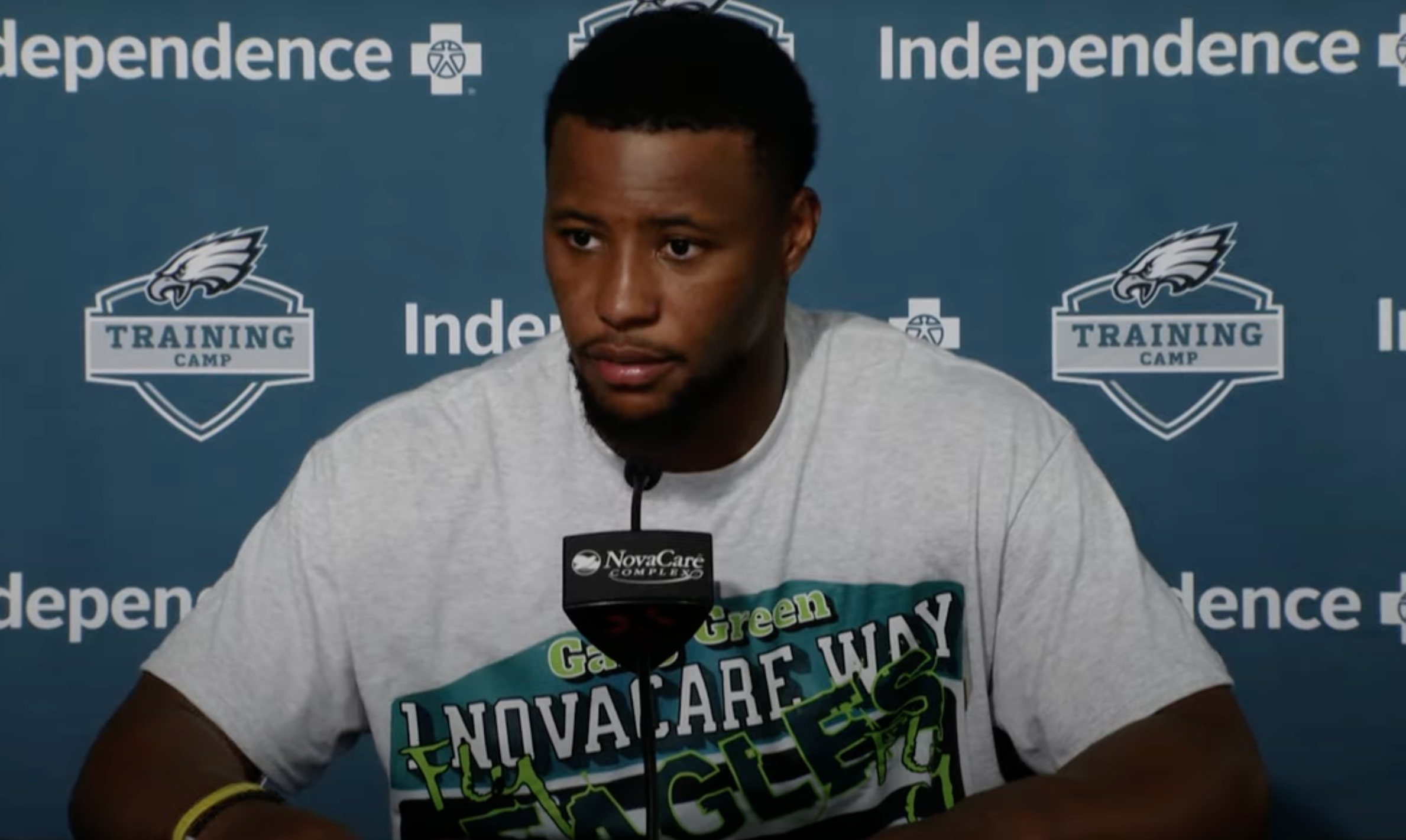 Philadelphia Eagles running back Saquon Barkley addresses the media Day 1 of training camp.