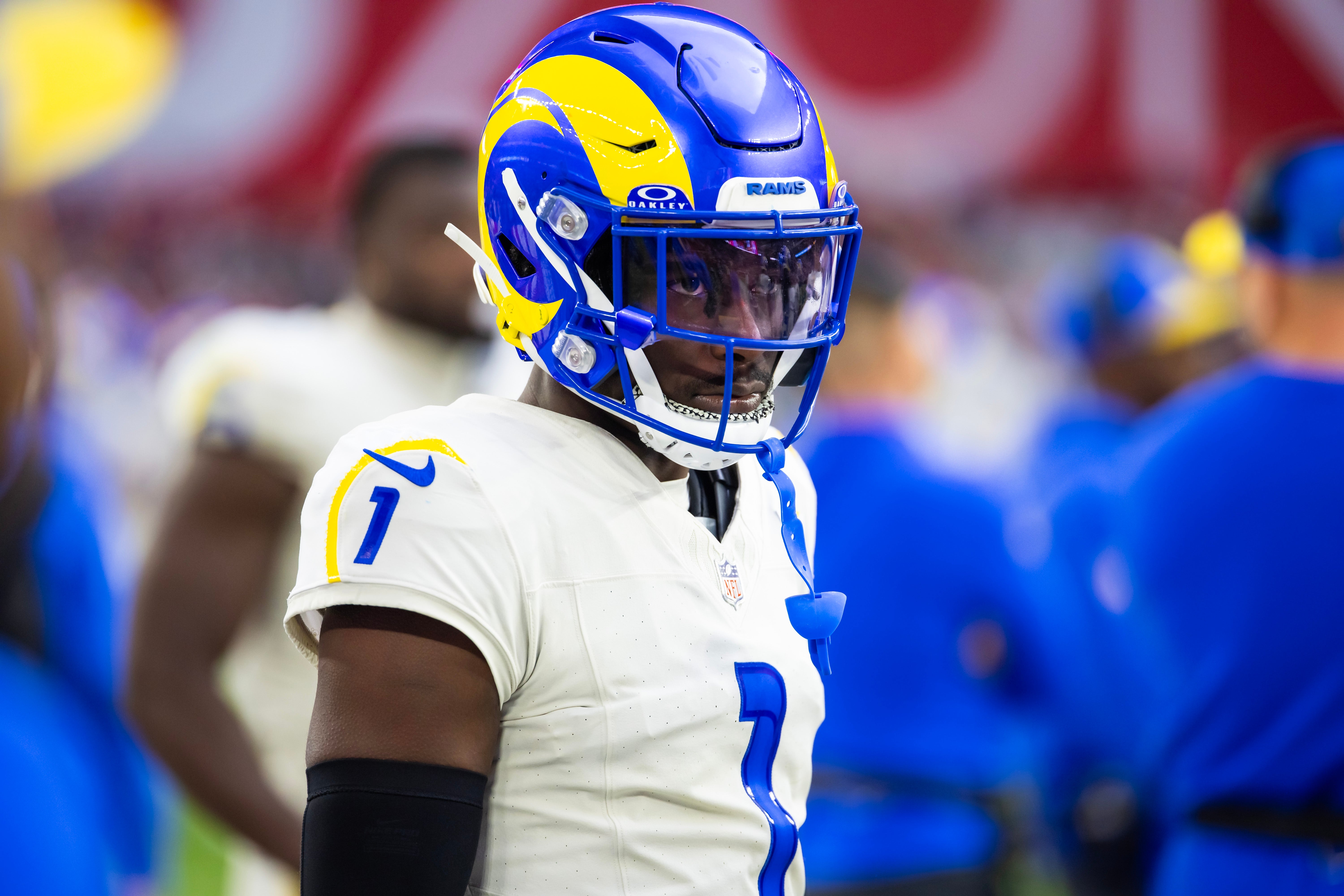 Nov 26, 2023; Glendale, Arizona, USA; Los Angeles Rams cornerback Derion Kendrick (1) against the Arizona Cardinals at State Farm Stadium. Mandatory Credit: Mark J. Rebilas-USA TODAY Sports