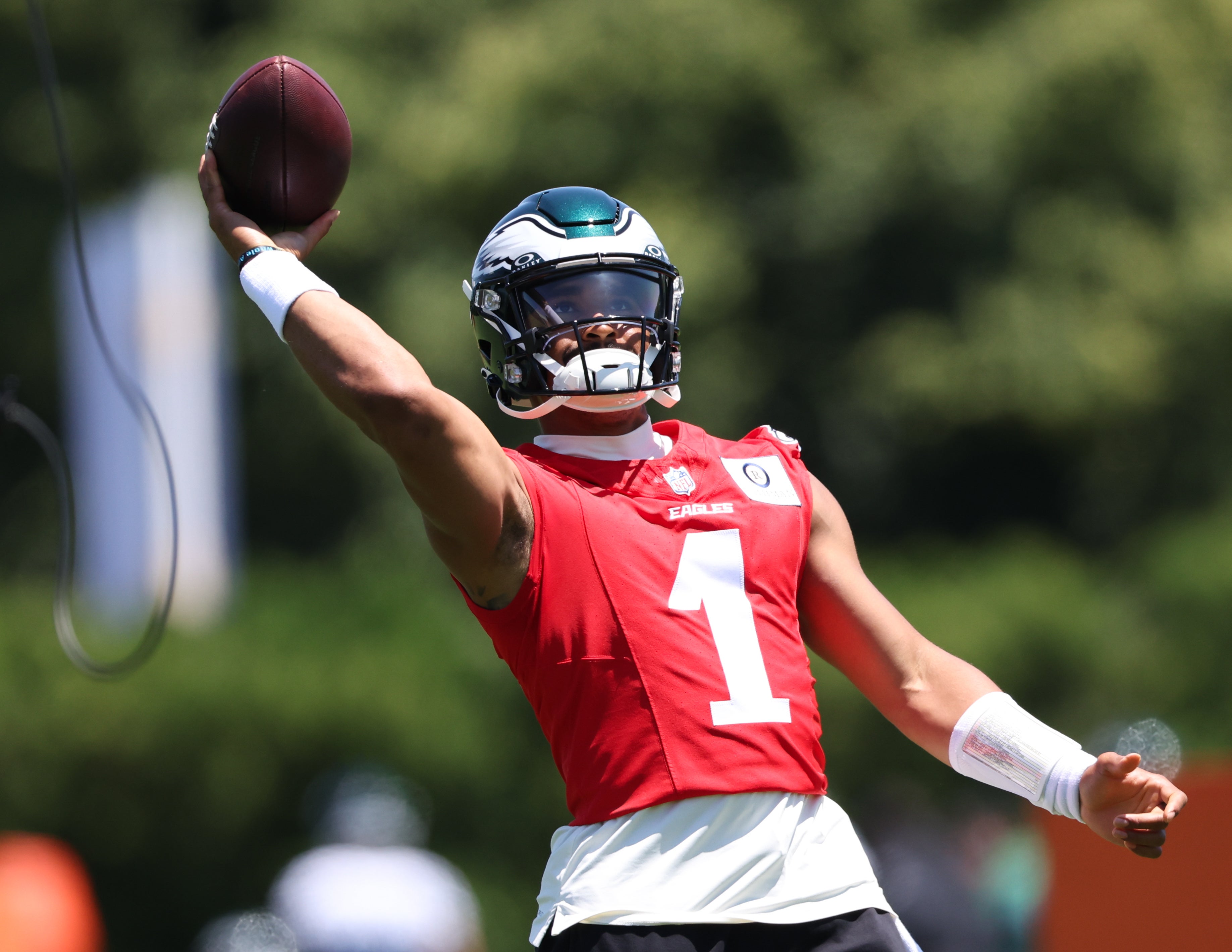 Philadelphia Eagles quarterback Jalen Hurts (1) throws the ball at practice at NovaCare Complex.