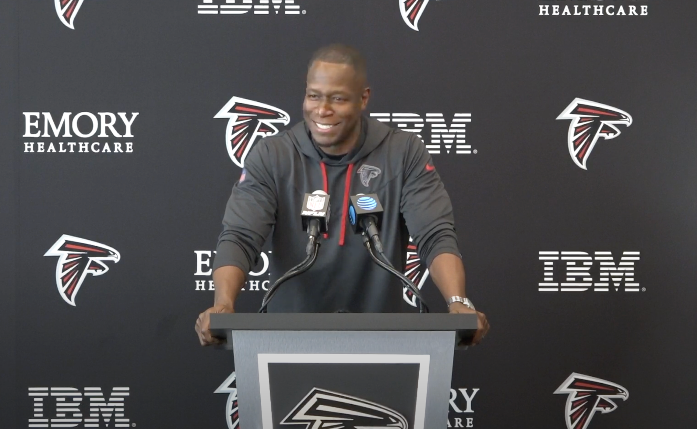 Atlanta Falcons head coach Raheem Morris addresses the media ahead of training camp practice Day 1