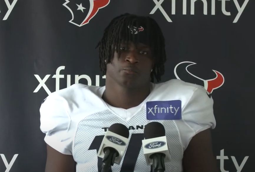 Texans rookie Kamari Lassiter addresses the media during training camp.