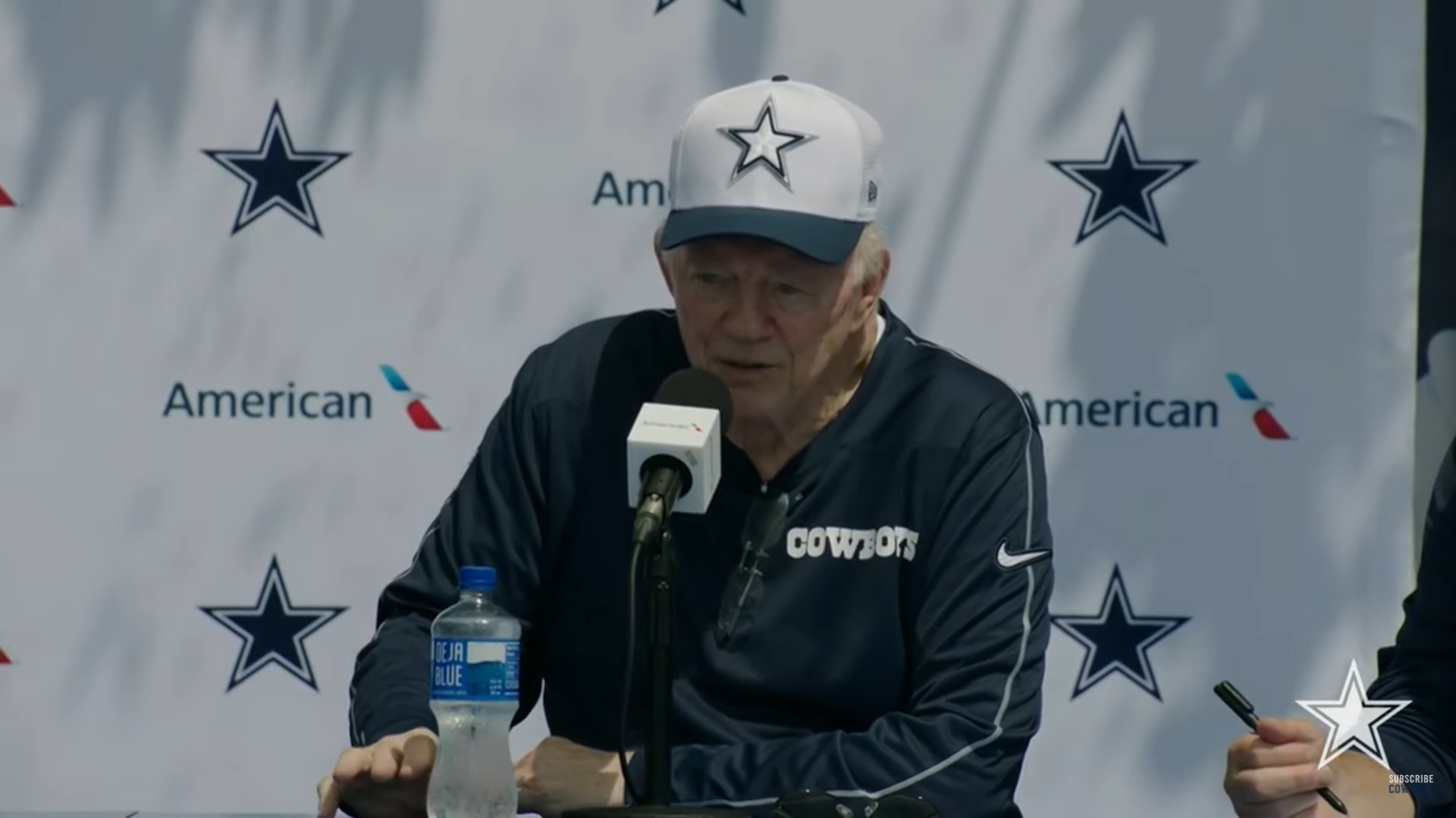 Dallas Cowboys owner Jerry Jones talks to reporters to start 2024 training camp.