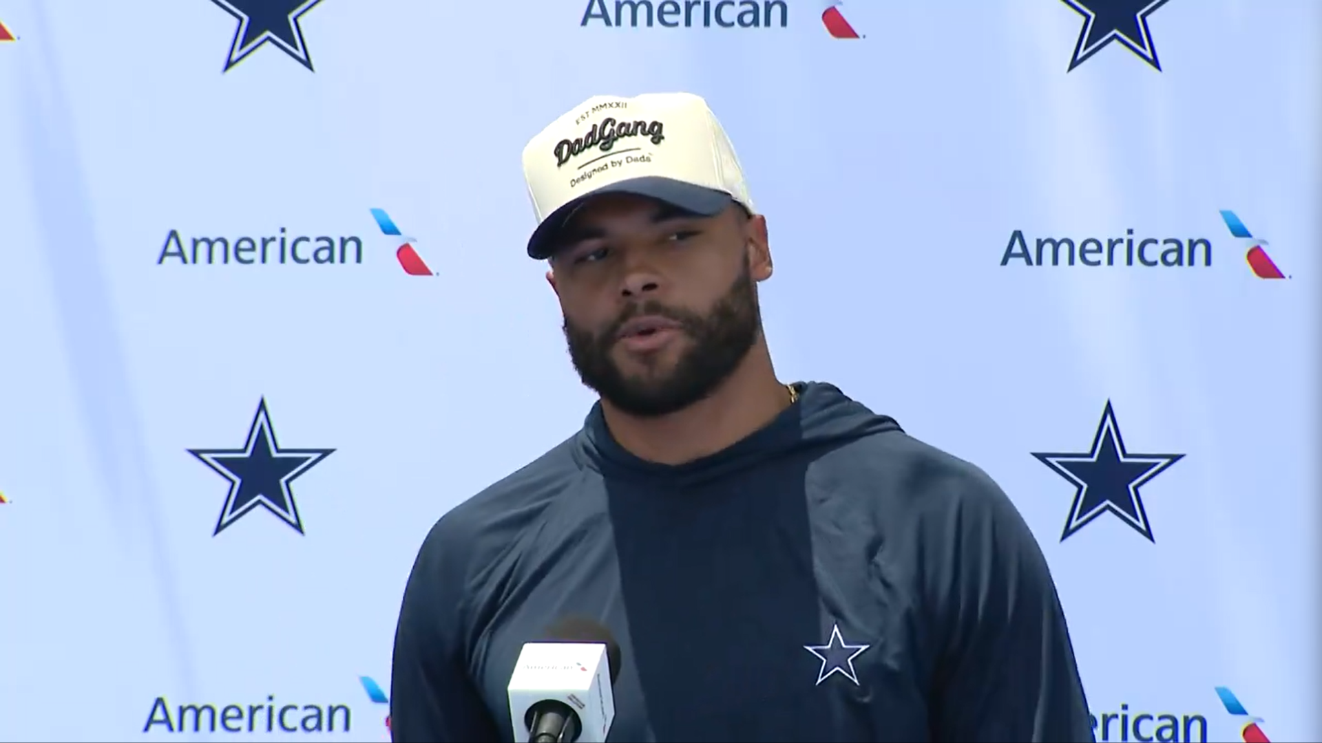 Dallas Cowboys QB Dak Prescott talks to reporters at 2024 training camp.