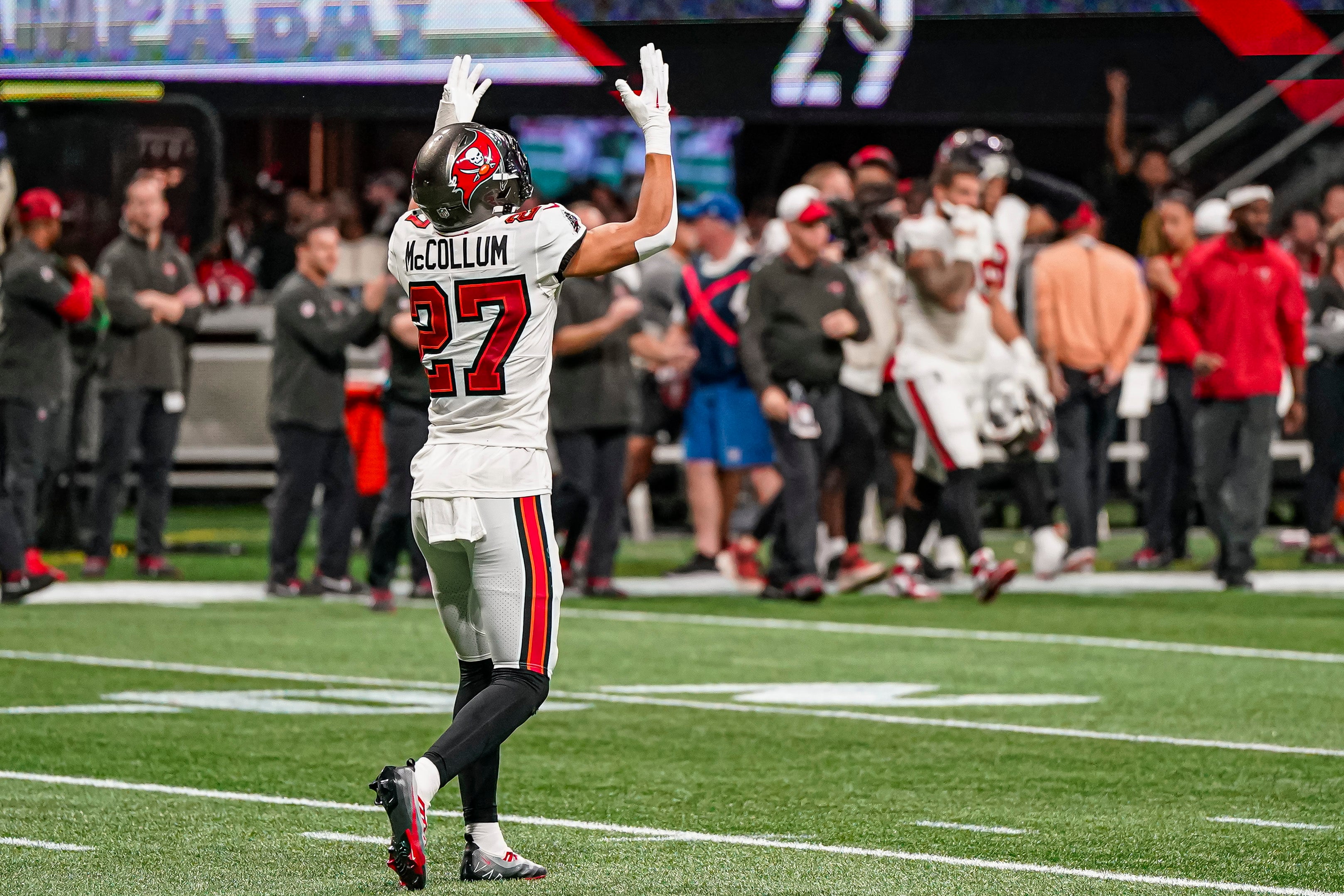 Dec 10, 2023; Atlanta, Georgia, USA; Tampa Bay Buccaneers cornerback Zyon McCollum (27) reacts after defeating the Atlanta Falcons at Mercedes-Benz Stadium.