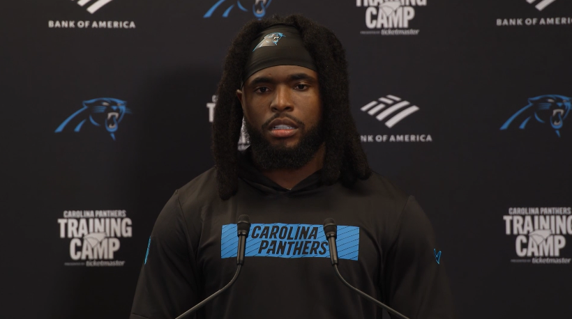 Diontae Johnson speaks with the media after training camp practice on July 25, 2024.