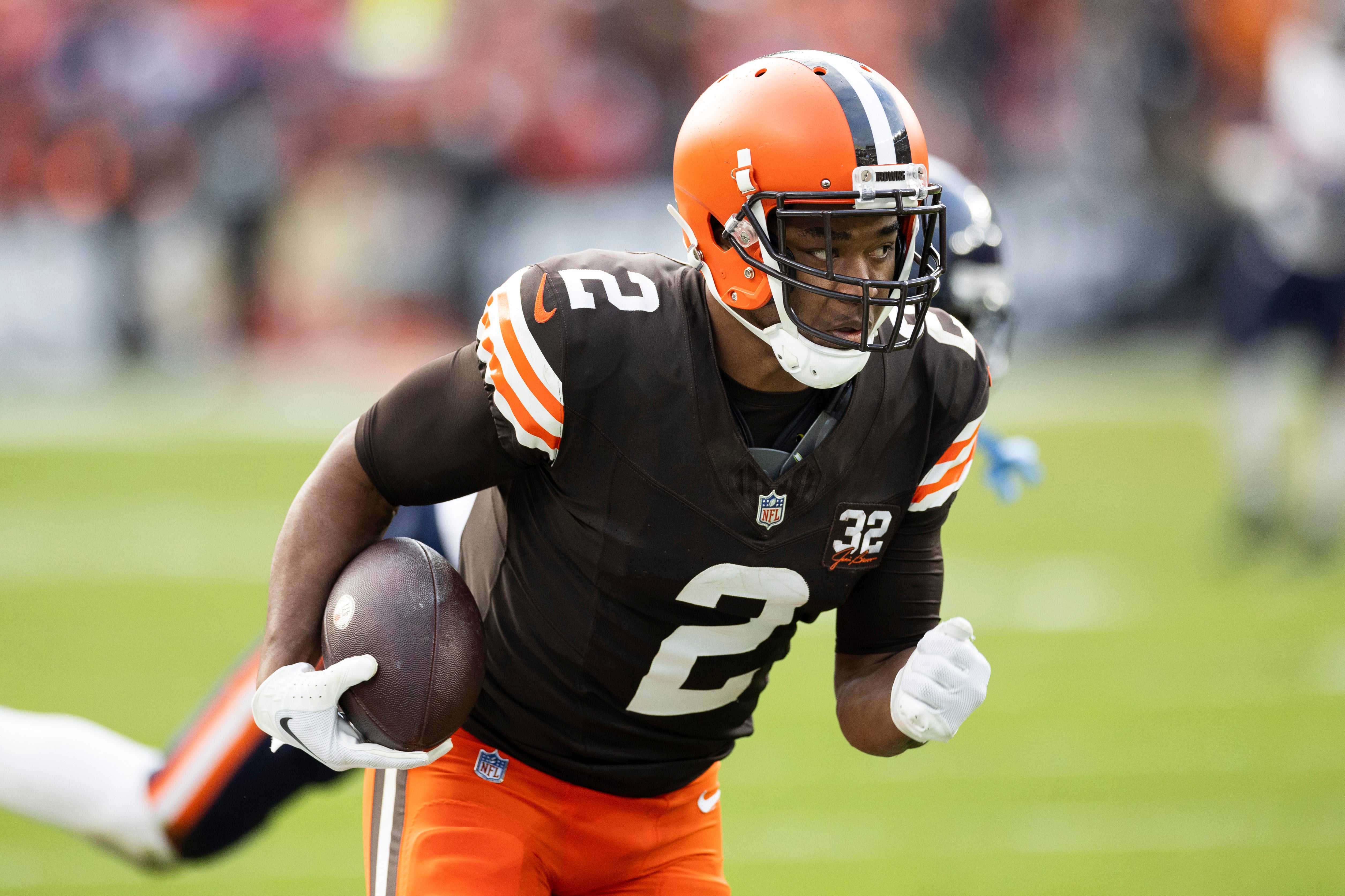 Dec 17, 2023; Cleveland, Ohio, USA; Cleveland Browns wide receiver Amari Cooper (2) runs the ball along the sideline for a touchdown against the Chicago Bears during the fourth quarter at Cleveland Browns Stadium. Mandatory Credit: Scott Galvin-USA TODAY Sports