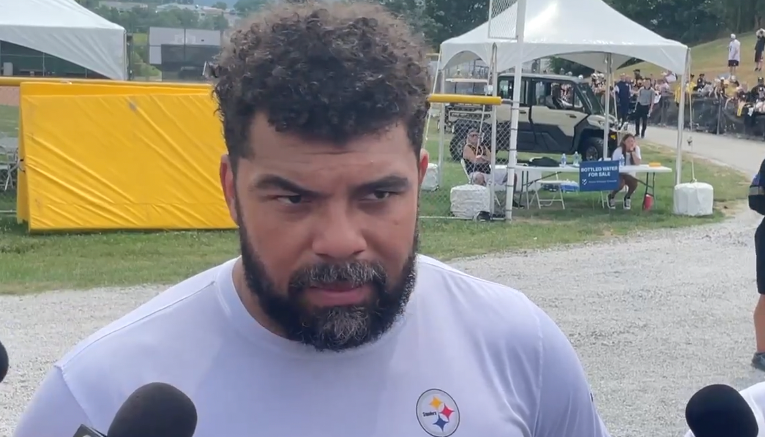 Pittsburgh Steelers defensive lineman Cam Heyward addresses the media following day one of training camp practice at Saint Vincent College in Latrobe, Pennsylvania on 7/25/24