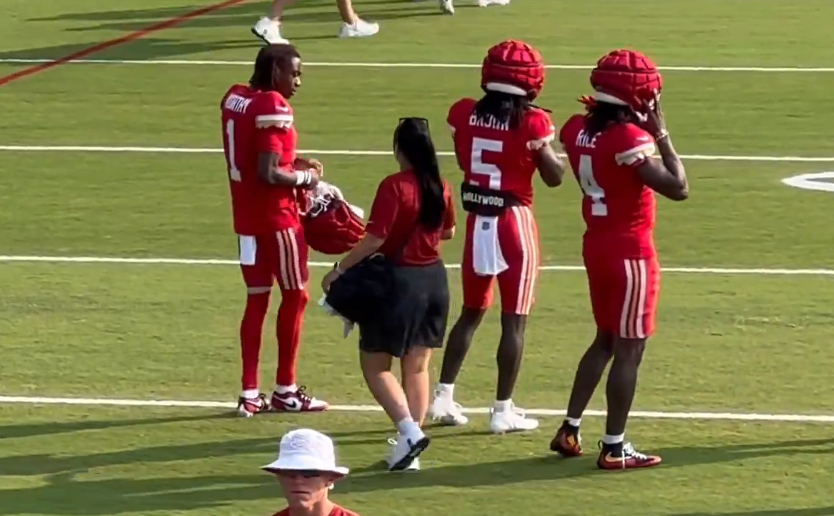 KANSAS CITY, MISSOURI - July 26: Wide receiver Xavier Worthy #1 of the Kansas City Chiefs participates in training camp practice at Missouri Western State University.