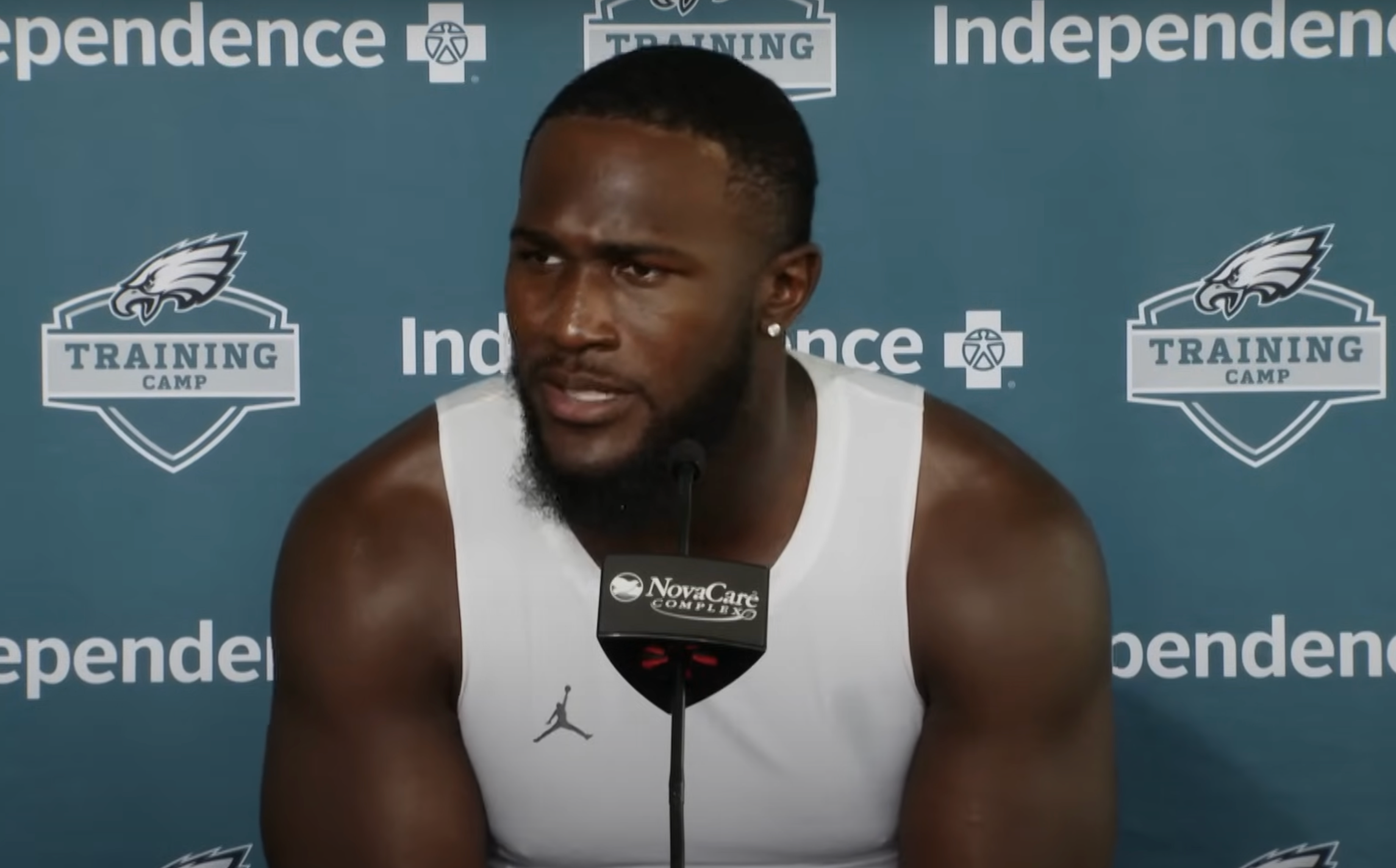 Philadelphia Eagles LB Devin White speaks to reporters during Week 1 of NFL training camp