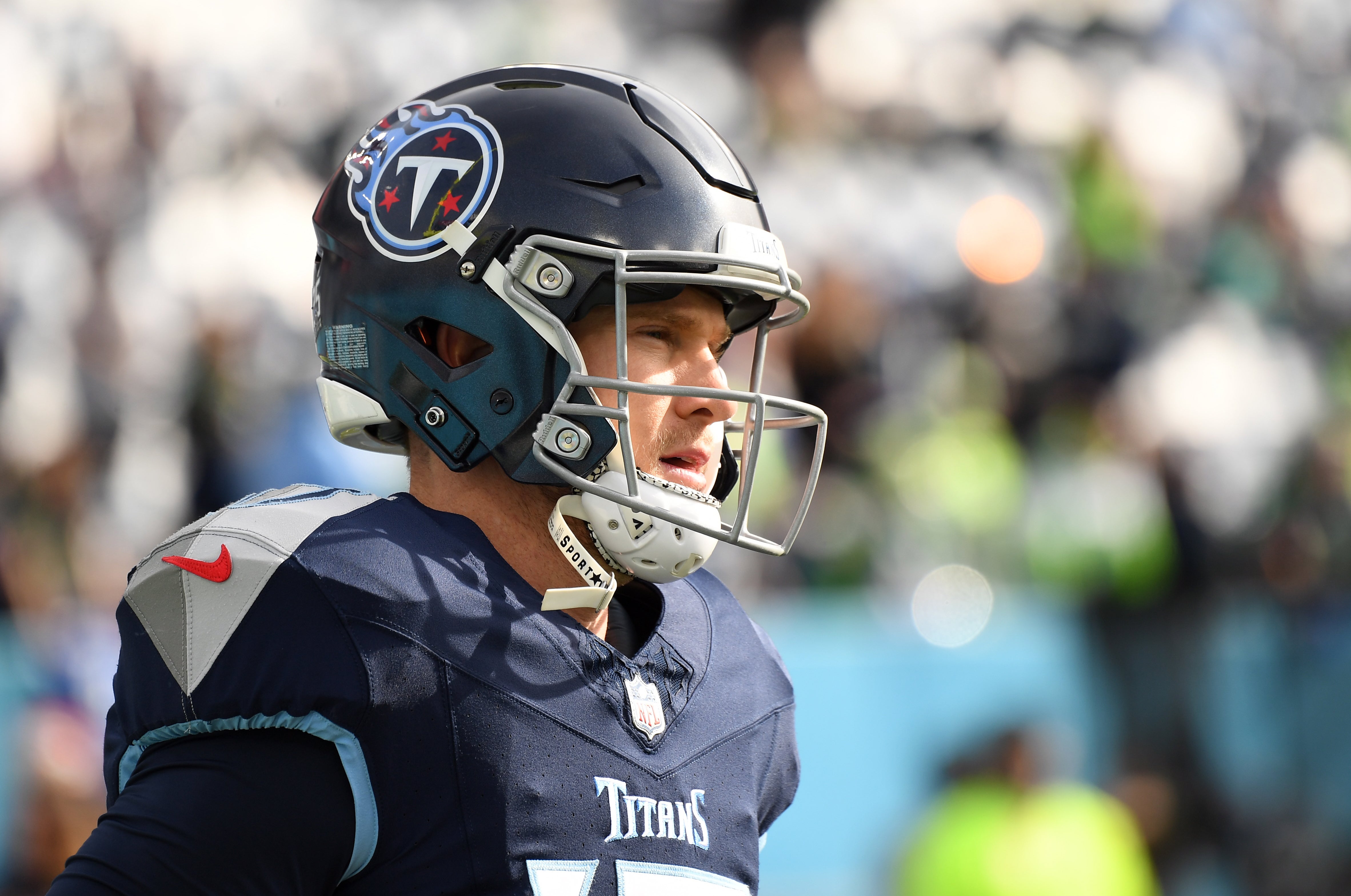 Tennessee Titans quarterback Ryan Tannehill (17) warms up before the game against the Seattle Seahawks at Nissan Stadium. Christopher Hanewinckel-USA TODAY Sports