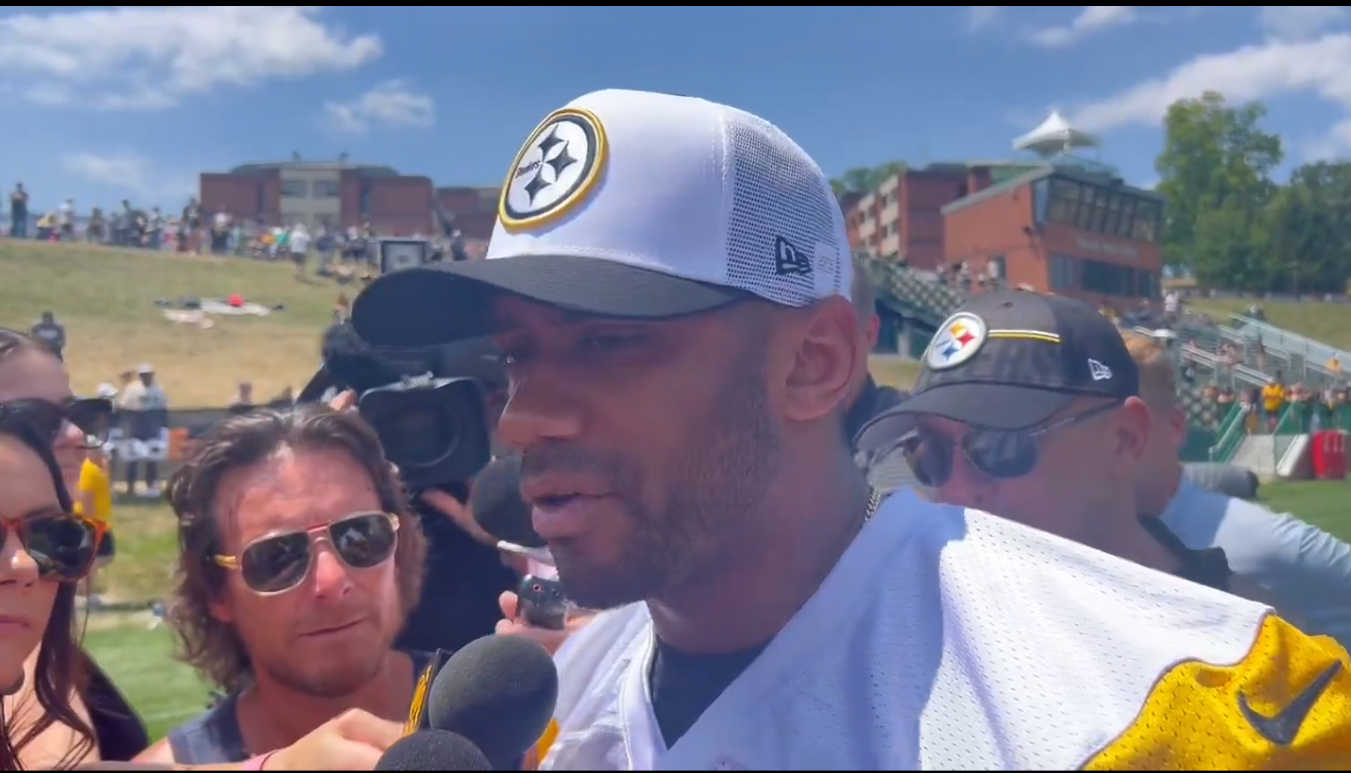 Russell Wilson addresses the media about calf injury following second day of training camp at Saint Vincent College in Latrobe, Pennsylvania. 7/26/24