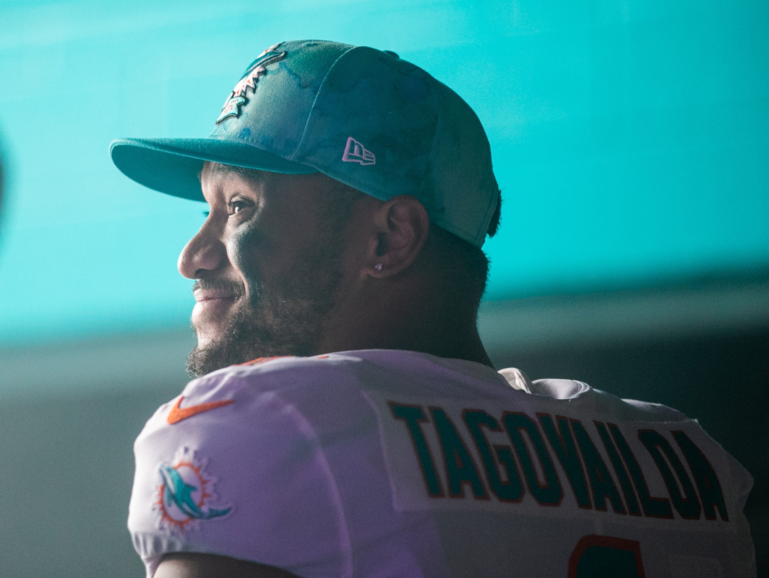 Miami Dolphins quarterback Tua Tagovailoa (1) smiles in the team tunnel prior to the start of the first half of the game between host Miami Dolphins and the Houston Texans at Hard Rock Stadium on Sunday, November 27, 2022, in Miami Gardens, FL.