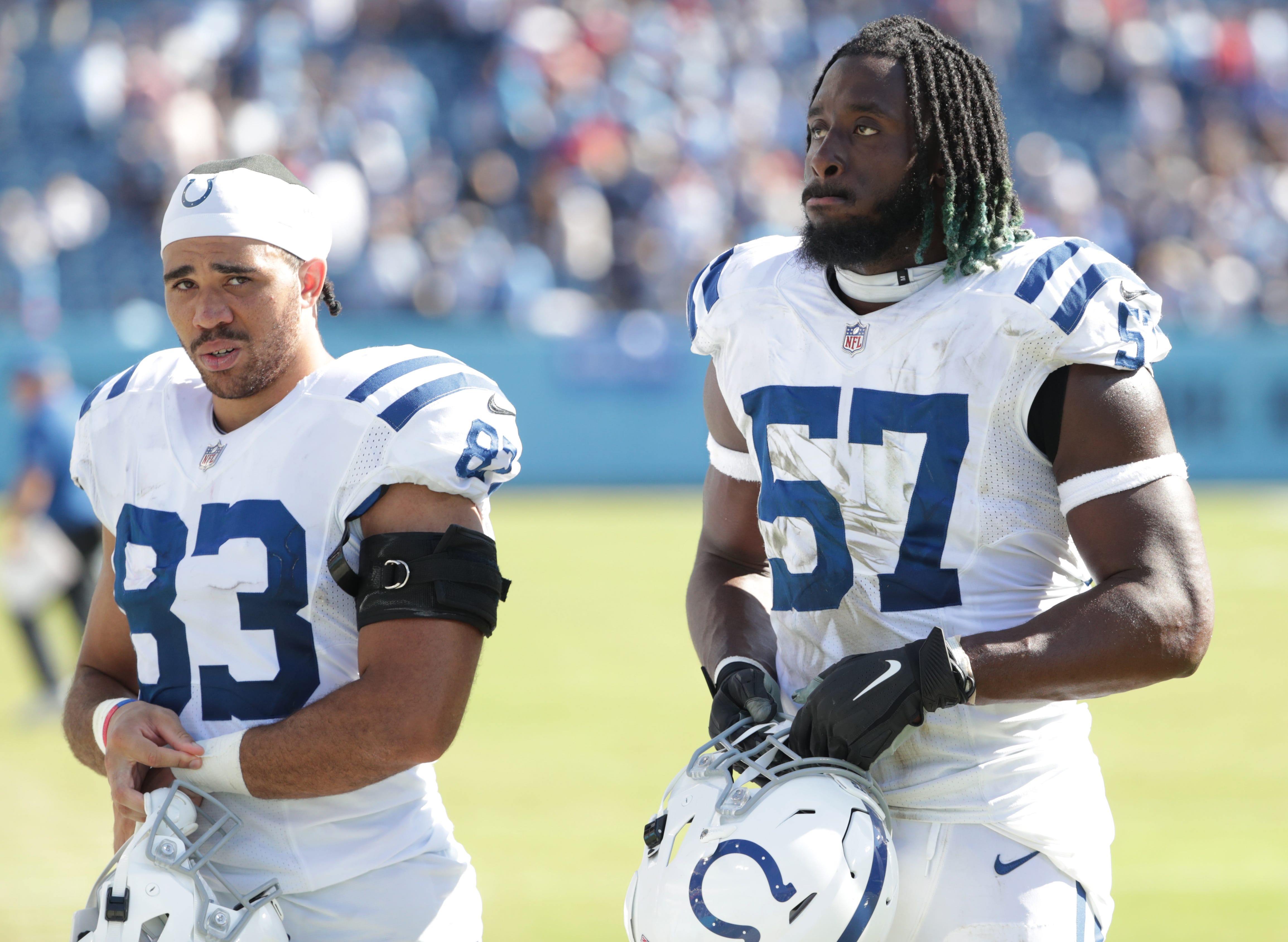 Kylen Granson (83) and Kemoko Turay walk off the field after a 16-25 Colts loss on Sunday, Sept. 26, 2021, at Nissan Stadium in Nashville. The loss dumped the team to 0-3, and searching for answers. Indianapolis Colts And Tennessee Titans At Nissan Stadium In Nashville Tenn Sunday Sept 16 2021 In Nfl Week 3