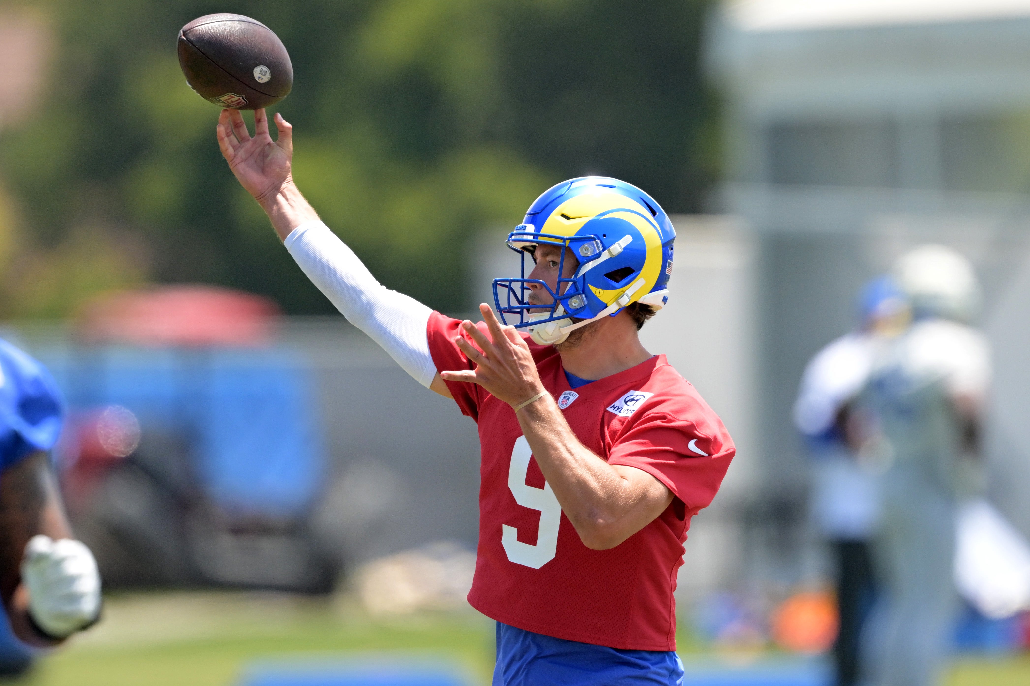 May 28, 2024; Thousand Oaks, CA, USA; Los Angeles Rams quarterback Matthew Stafford (9) during OTAs at the team training facility at California Lutheran University. Mandatory Credit: Jayne Kamin-Oncea-USA TODAY Sports