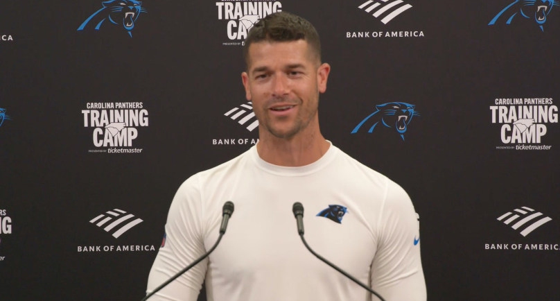 Carolina Panthers head coach Dave Canales speaks to the media after Saturday, July 27, training camp practice.