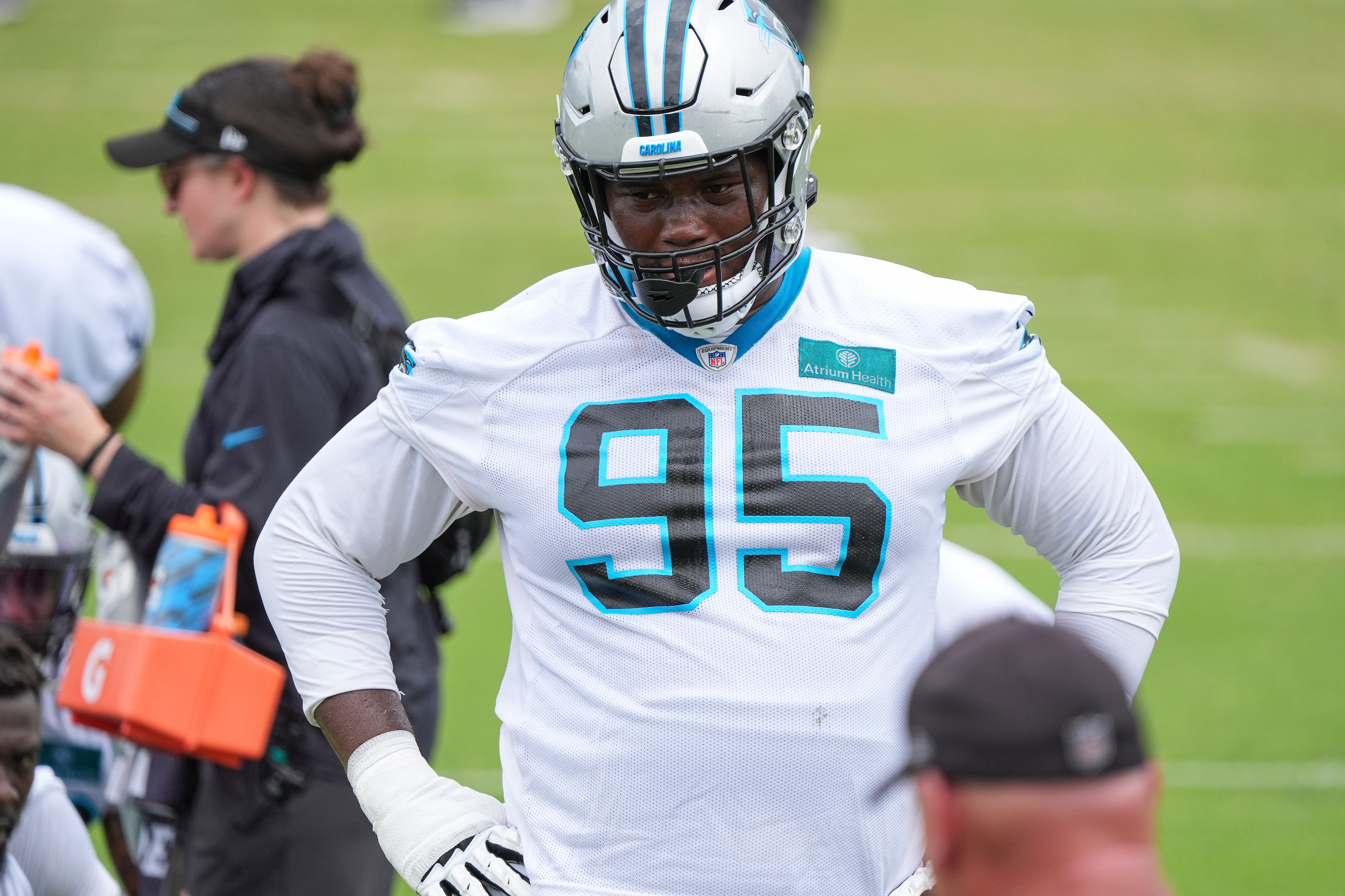 Jun 4, 2024; Charlotte, NC, USA; Carolina Panthers defensive tackle Derek Brown (95) during OTAs. Mandatory Credit: Jim Dedmon-USA TODAY Sports