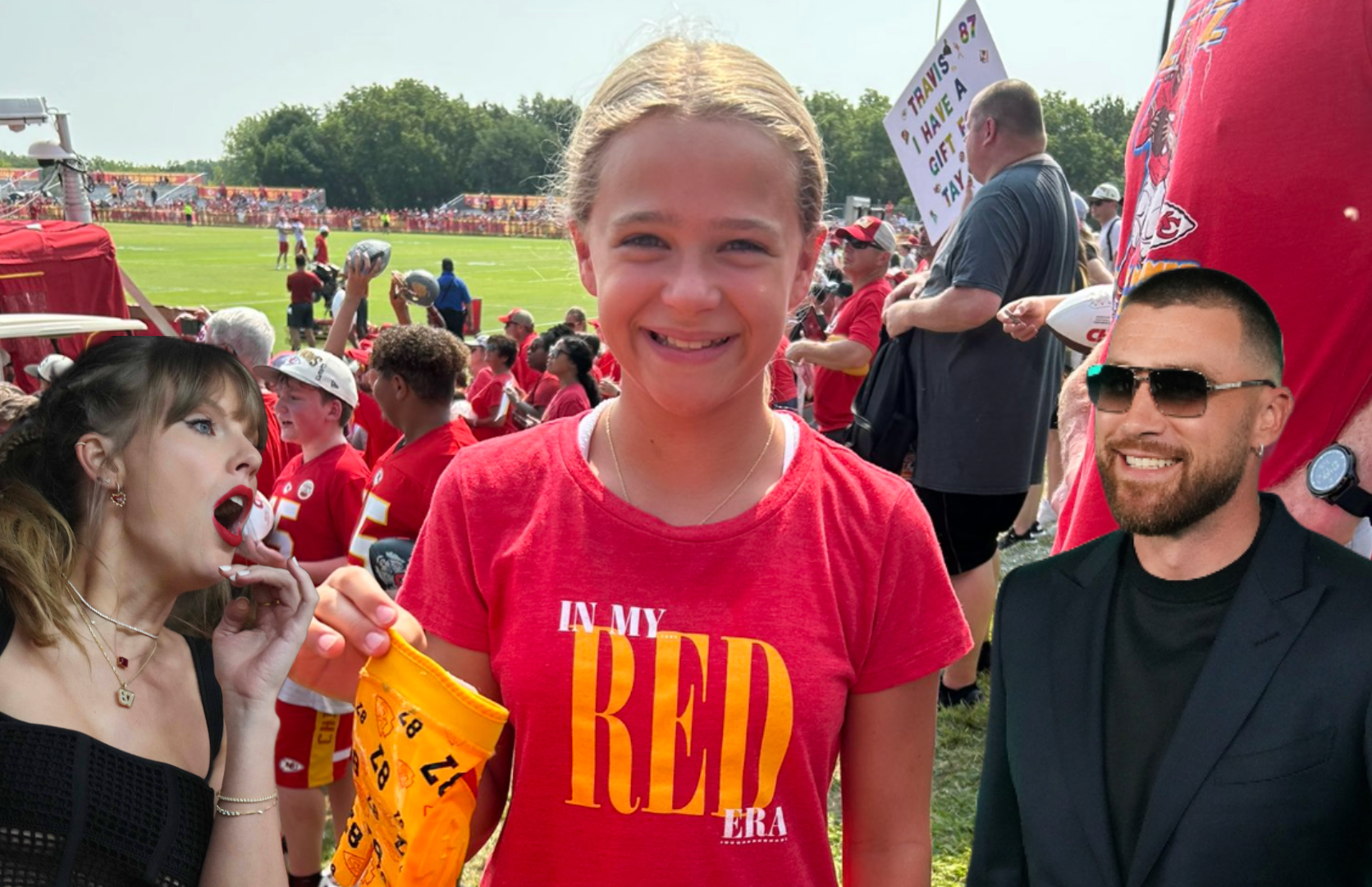 Young fan wearing Taylor Swift inspired Chiefs gear gets Travis Kelce's glove at Training Camp.