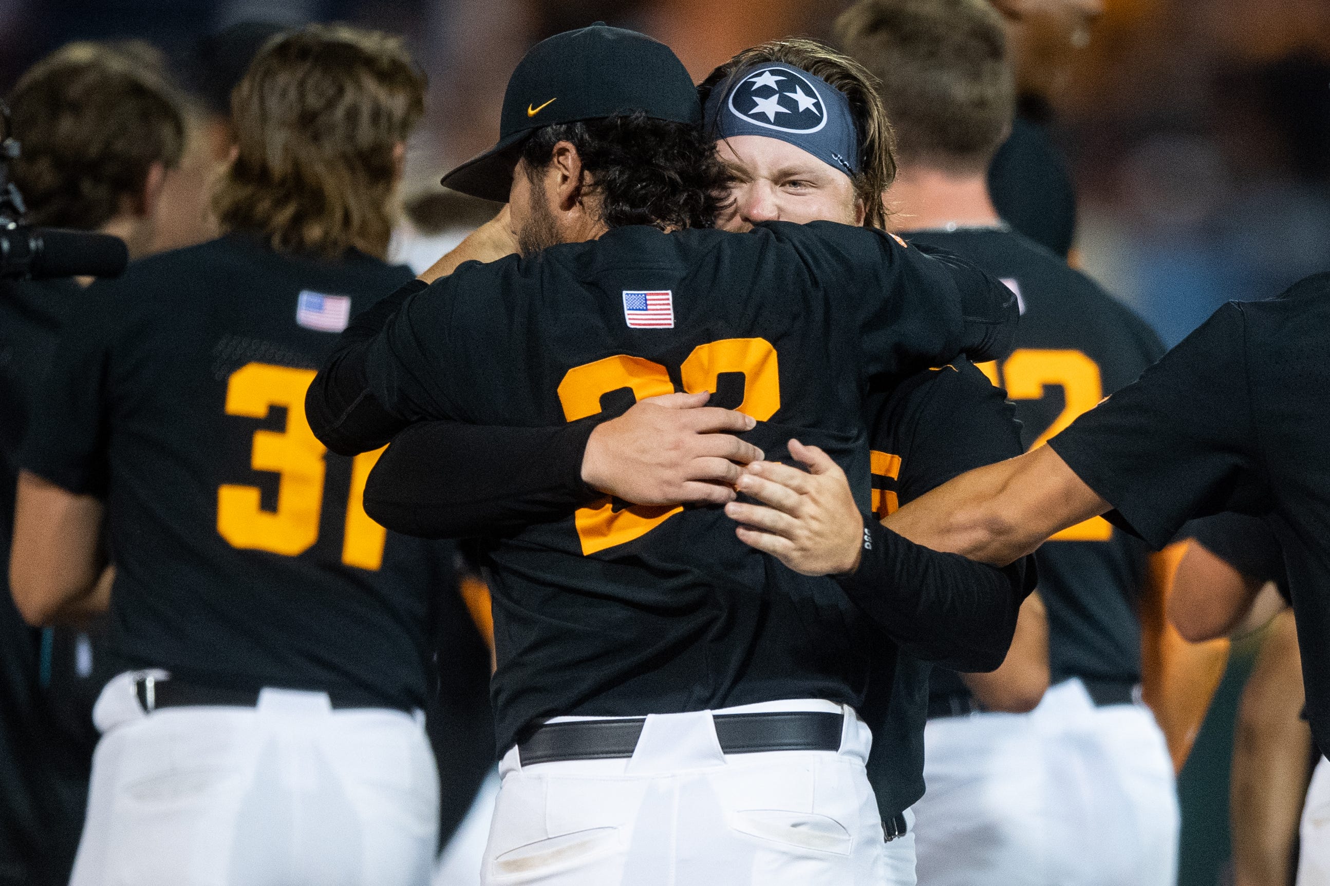 Tennessee head coach Tony Vitello and Kirby Connell hug after game three of the NCAA College World Series finals between Tennessee and Texas A&M at Charles Schwab Field in Omaha, Neb., on Monday, June 24, 2024.