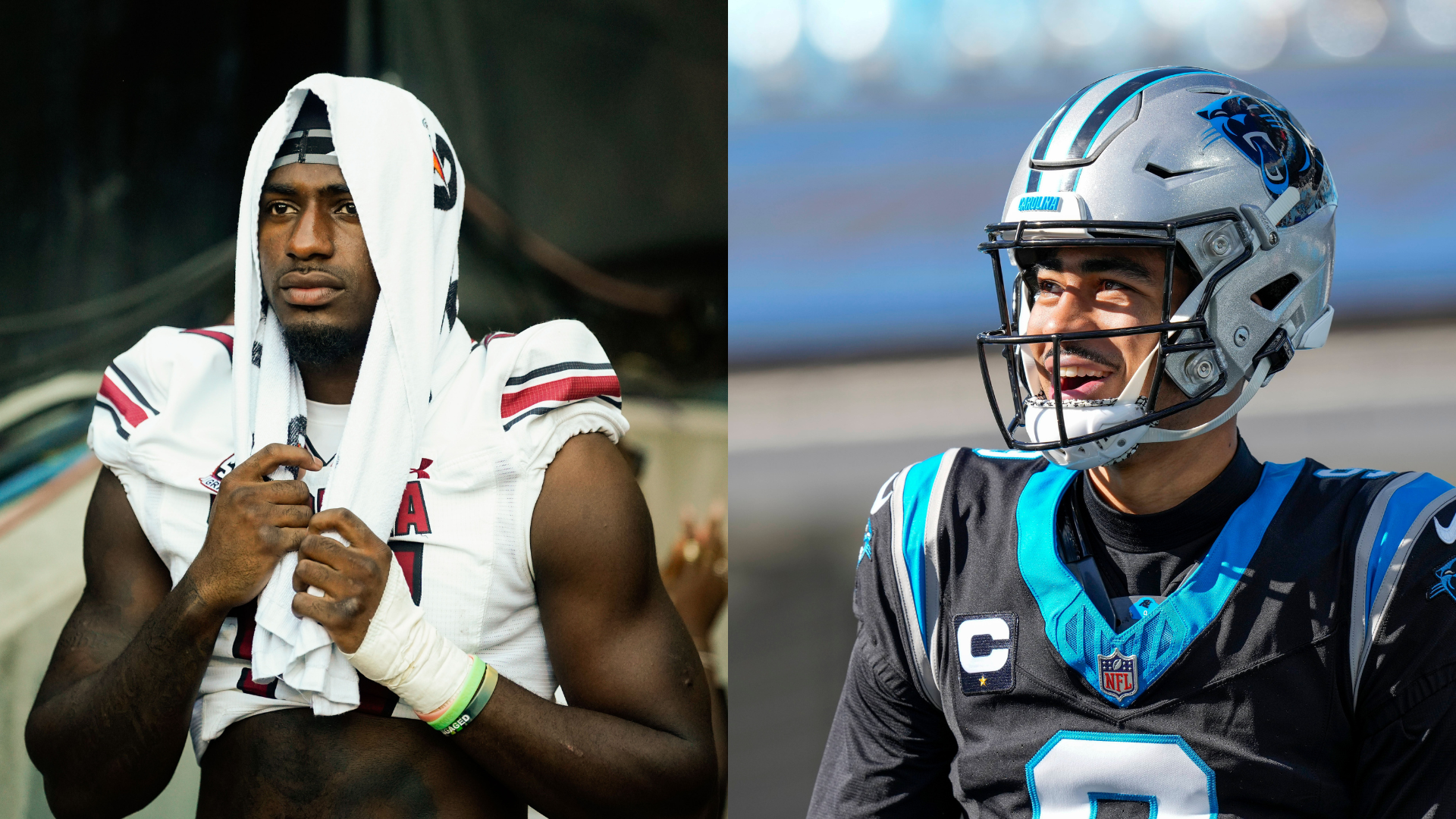Xavier Legette is on the left at the University of South Carolina. Quarterback Bryce Young is on the right playing for the Carolina Panthers.