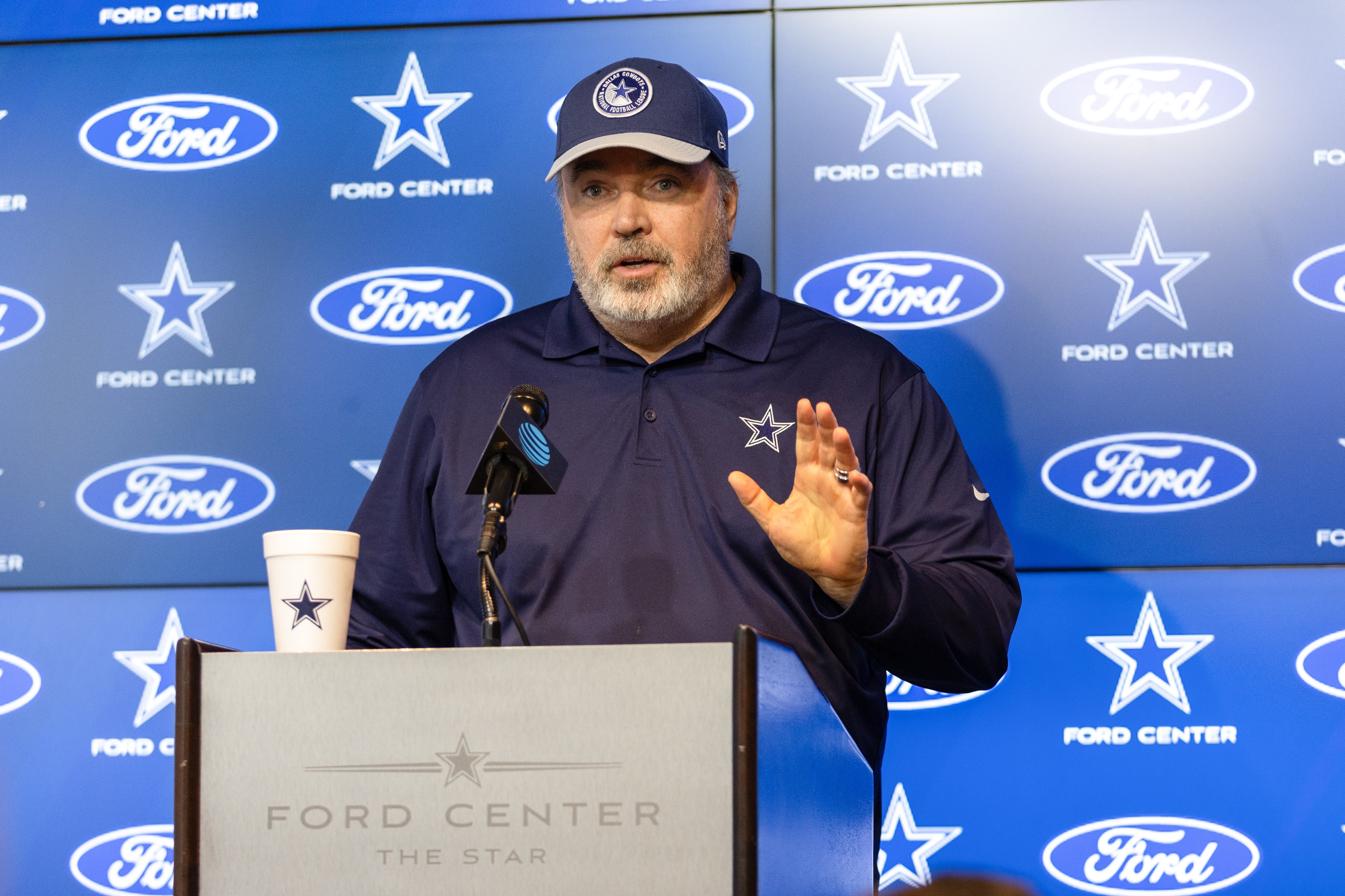 Dallas Cowboys head coach Mike McCarthy addresses the media before practice at the Ford Center at the Star Training Facility in Frisco, Texas.