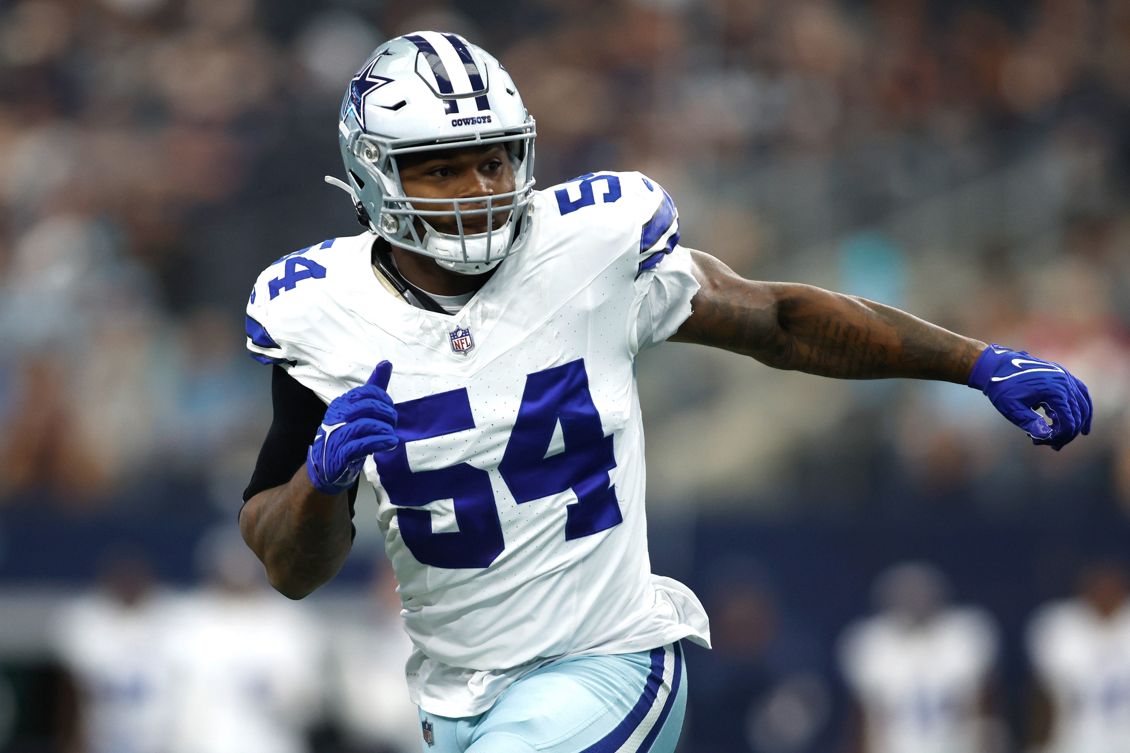 Aug 12, 2023; Arlington, Texas, USA; Dallas Cowboys defensive end Sam Williams (54) in game action in the first quarter against the Jacksonville Jaguars at AT&T Stadium.