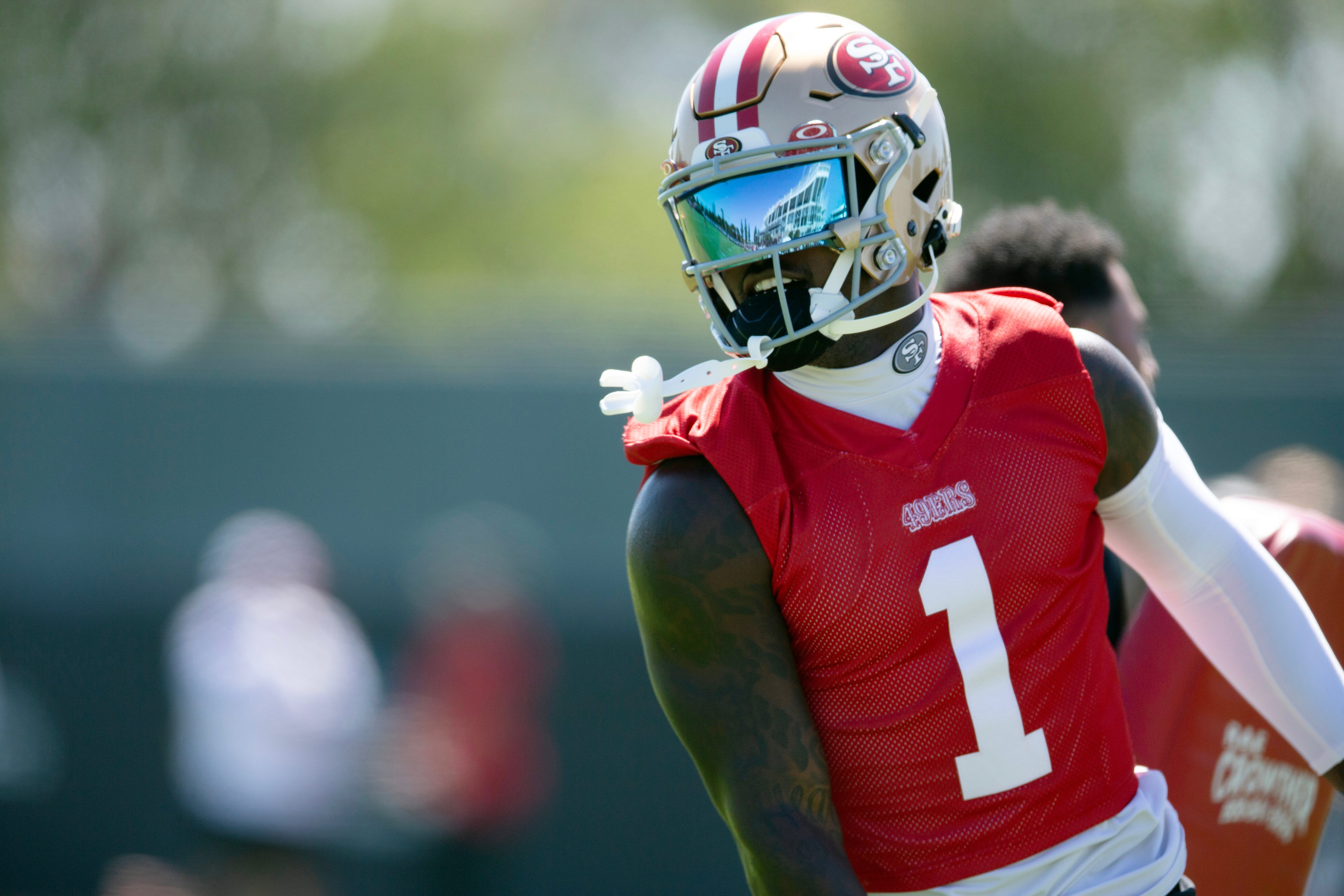 Jul 26, 2024; Santa Clara, CA, USA; San Francisco 49ers wide receiver Deebo Samuel (1) runs a pass route during Day 4 of training camp at SAP Performance Facility.