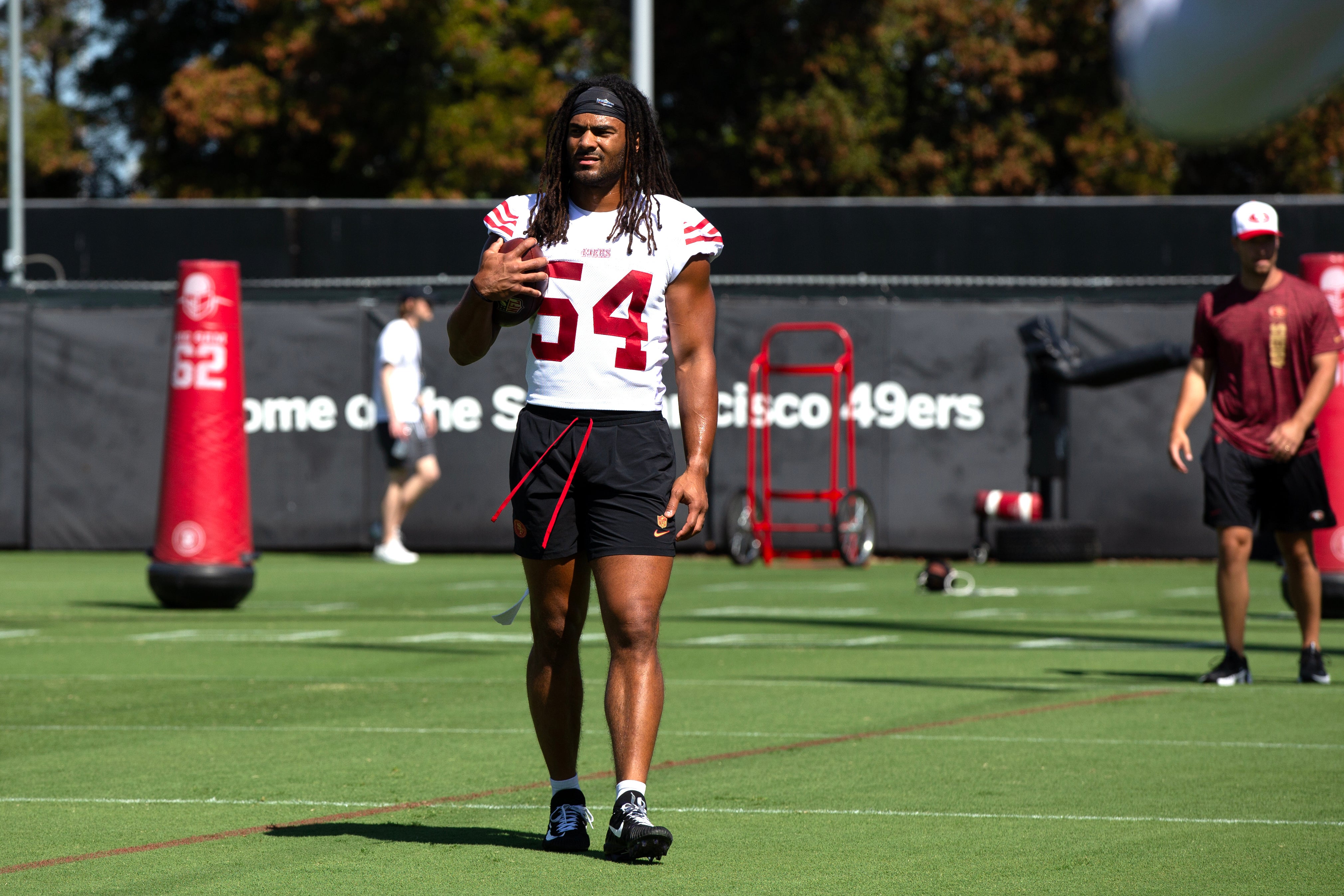 Jul 26, 2024; Santa Clara, CA, USA; San Francisco 49ers linebacker Fred Warner (54) works out during Day 4 of training camp at SAP Performance Facility.