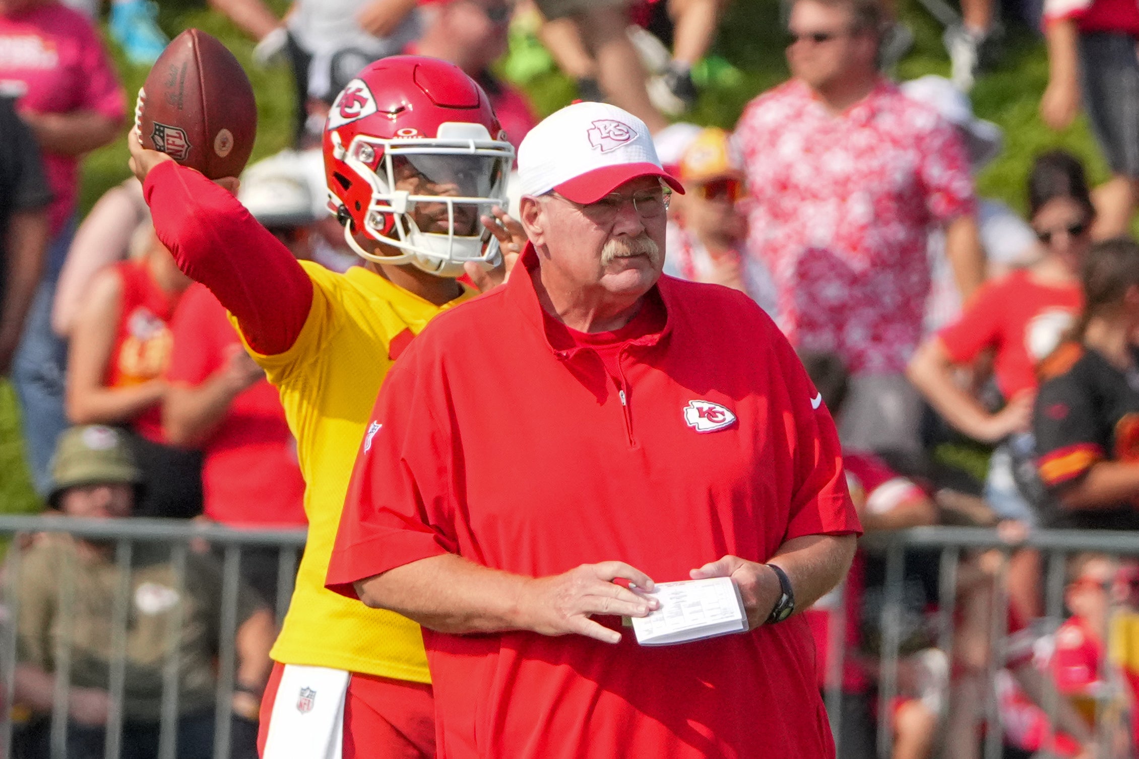 Jul 22, 2024; St. Joseph, MO, USA; Kansas City Chiefs head coach Andy Reid looks on during training camp at Missouri Western State University.