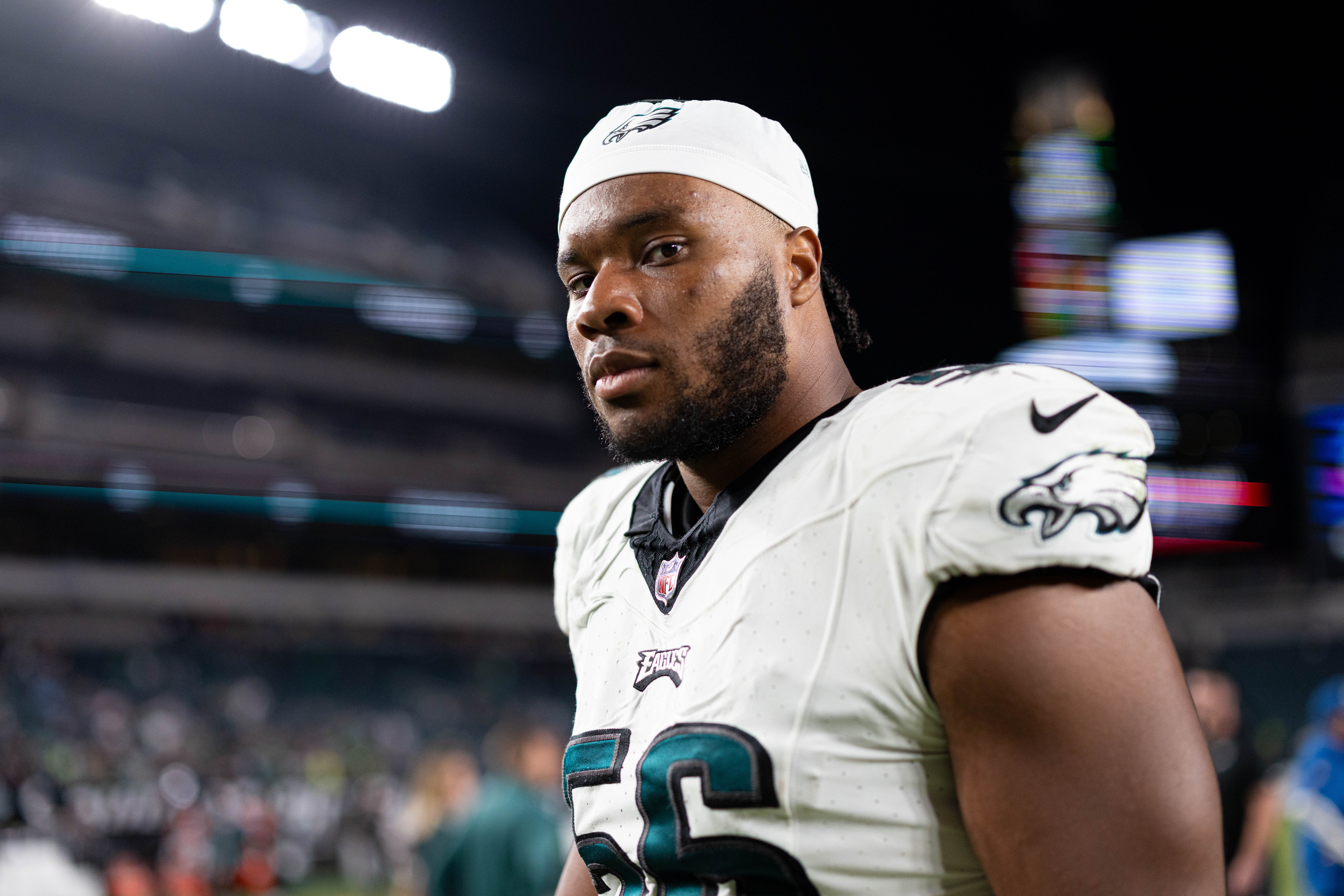 Philadelphia Eagles guard Tyler Steen (56) walks off the field after a game against the Indianapolis Colts at Lincoln Financial Field.