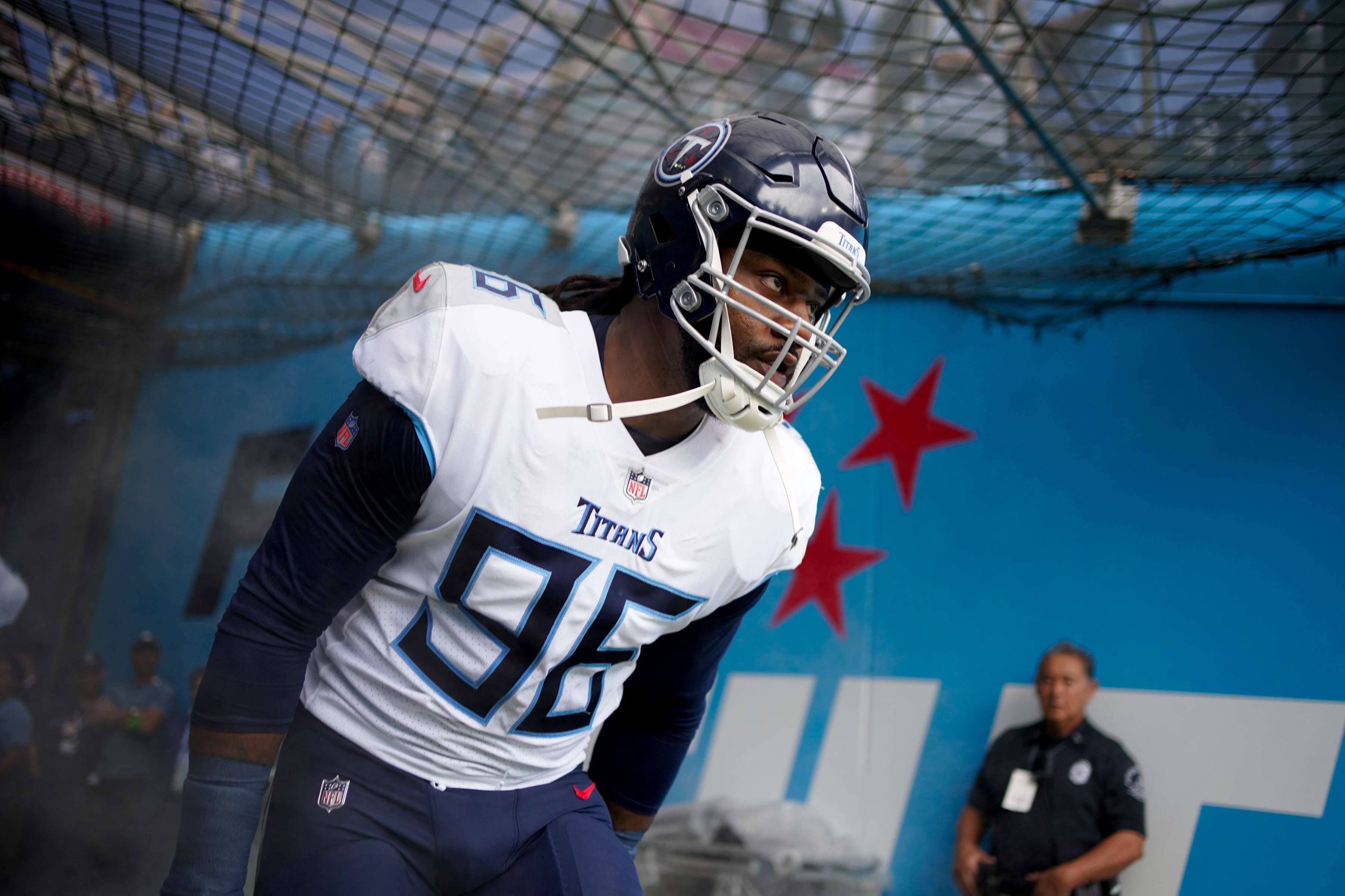 Tennessee Titans defensive end Denico Autry (96) takes the field to face the Los Angeles Chargers at Nissan Stadium in Nashville, Tenn., Sunday, Sept. 17, 2023 Andrew Nelles / Tennessean.com-USA TODAY NETWORK