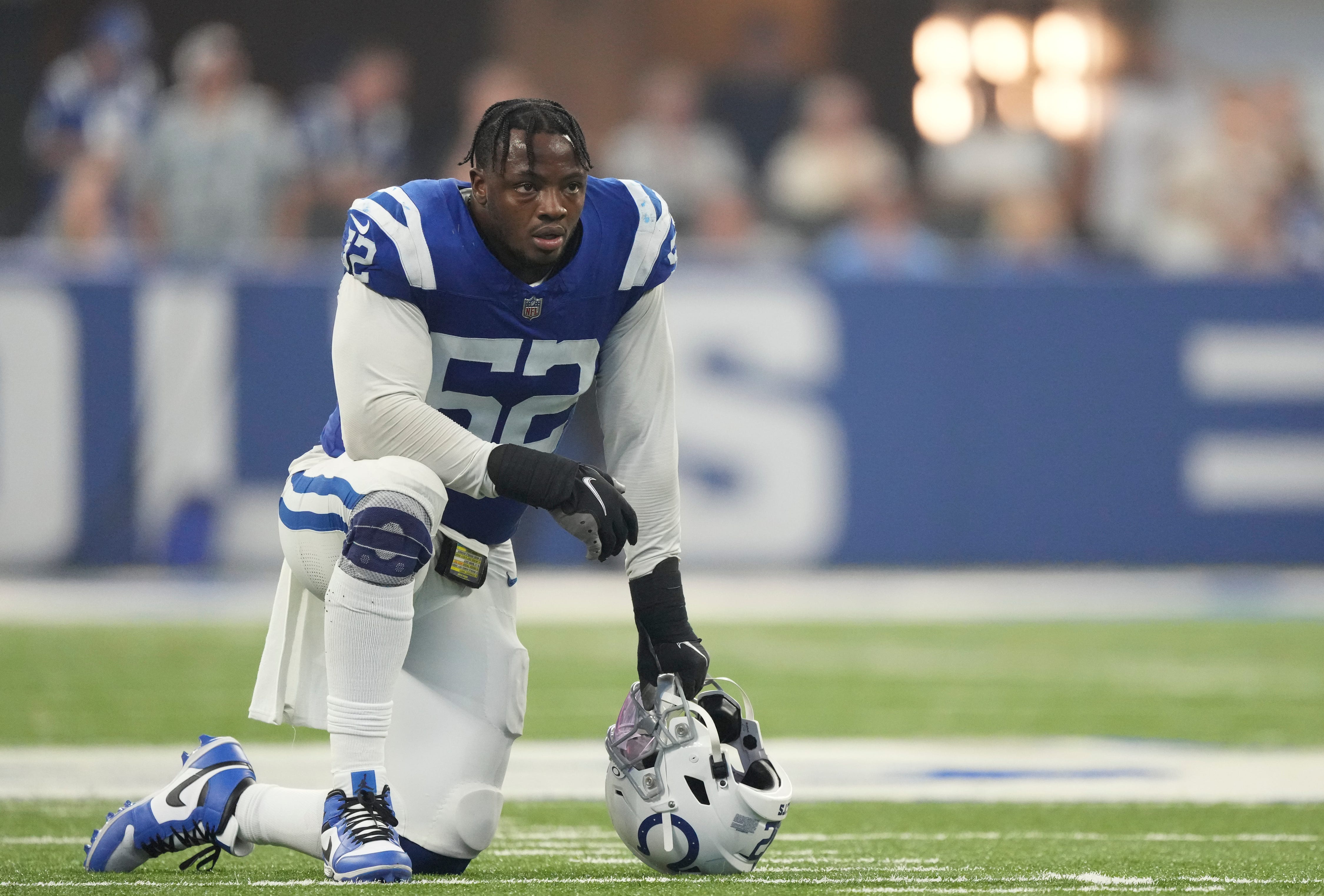Indianapolis Colts defensive end Samson Ebukam (52) takes a quick breather during a break in the action near the end of regulation, Los Angeles Rams at Indianapolis Colts, on Sunday, Oct. 1, 2023, at Lucas Oil Stadium in Indianapolis. Los Angeles won in overtime, 29-23.