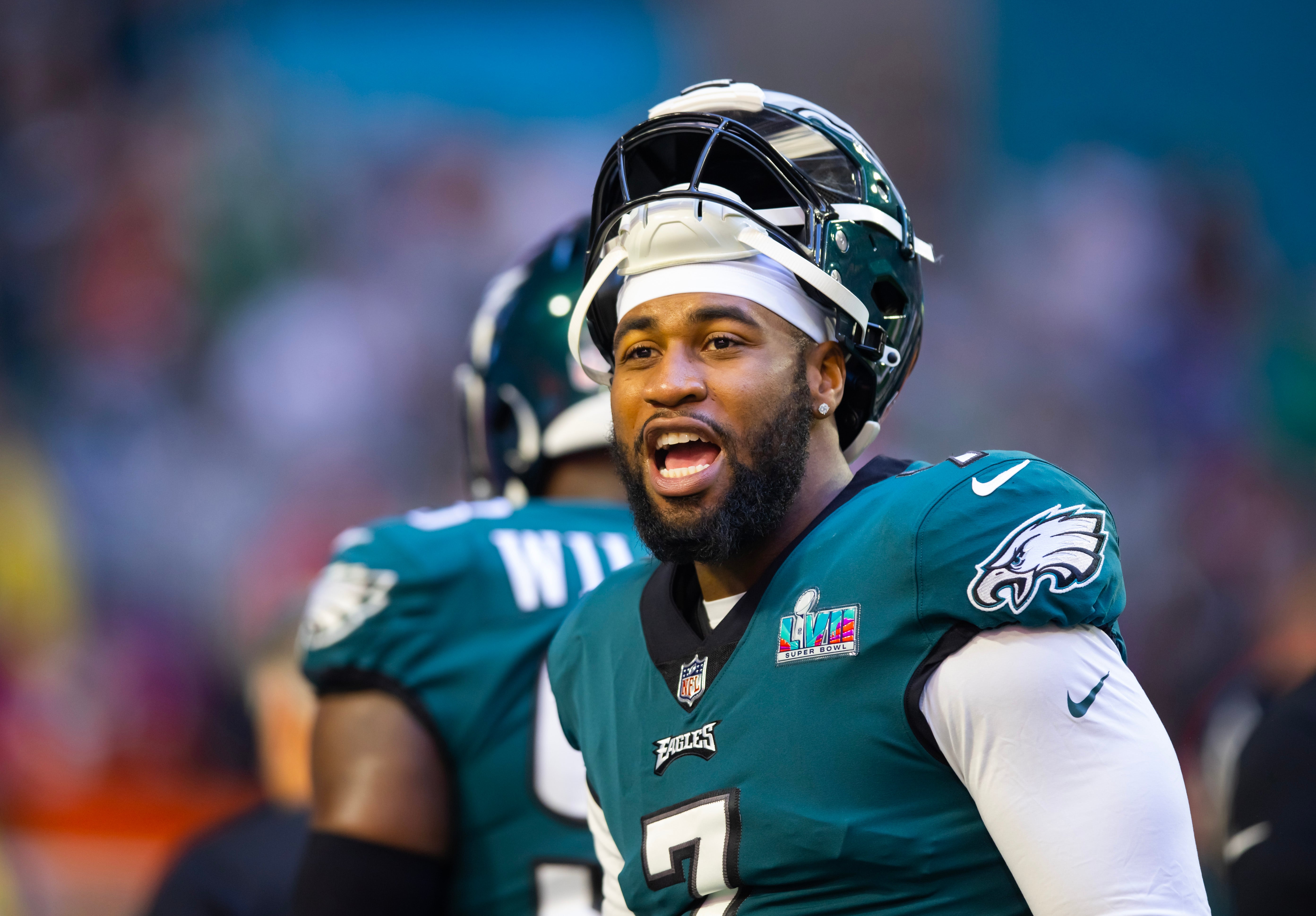 Philadelphia Eagles linebacker Haason Reddick (7) against the Kansas City Chiefs during Super Bowl LVII at State Farm Stadium.