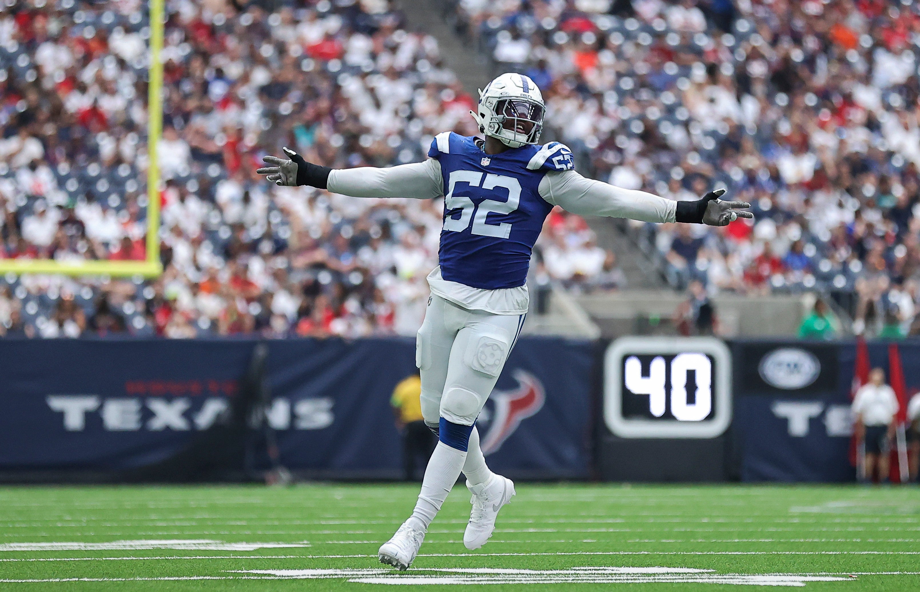 Sep 17, 2023; Houston, Texas, USA; Indianapolis Colts defensive end Samson Ebukam (52) reacts after a play during the fourth quarter against the Houston Texans at NRG Stadium.