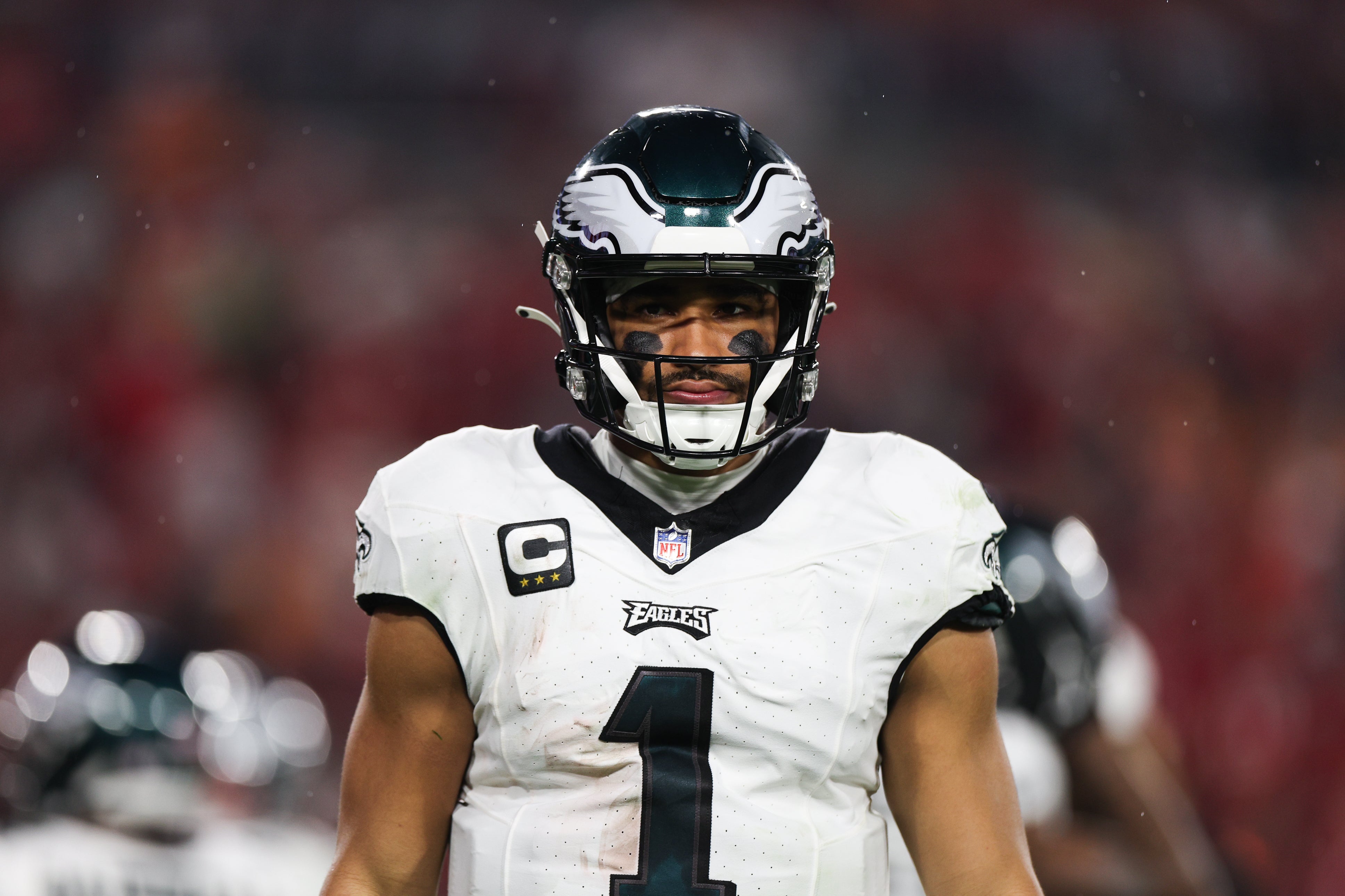 Philadelphia Eagles quarterback Jalen Hurts (1) looks on during the first half of a 2024 NFC wild card game against the Tampa Bay Buccaneers at Raymond James Stadium.