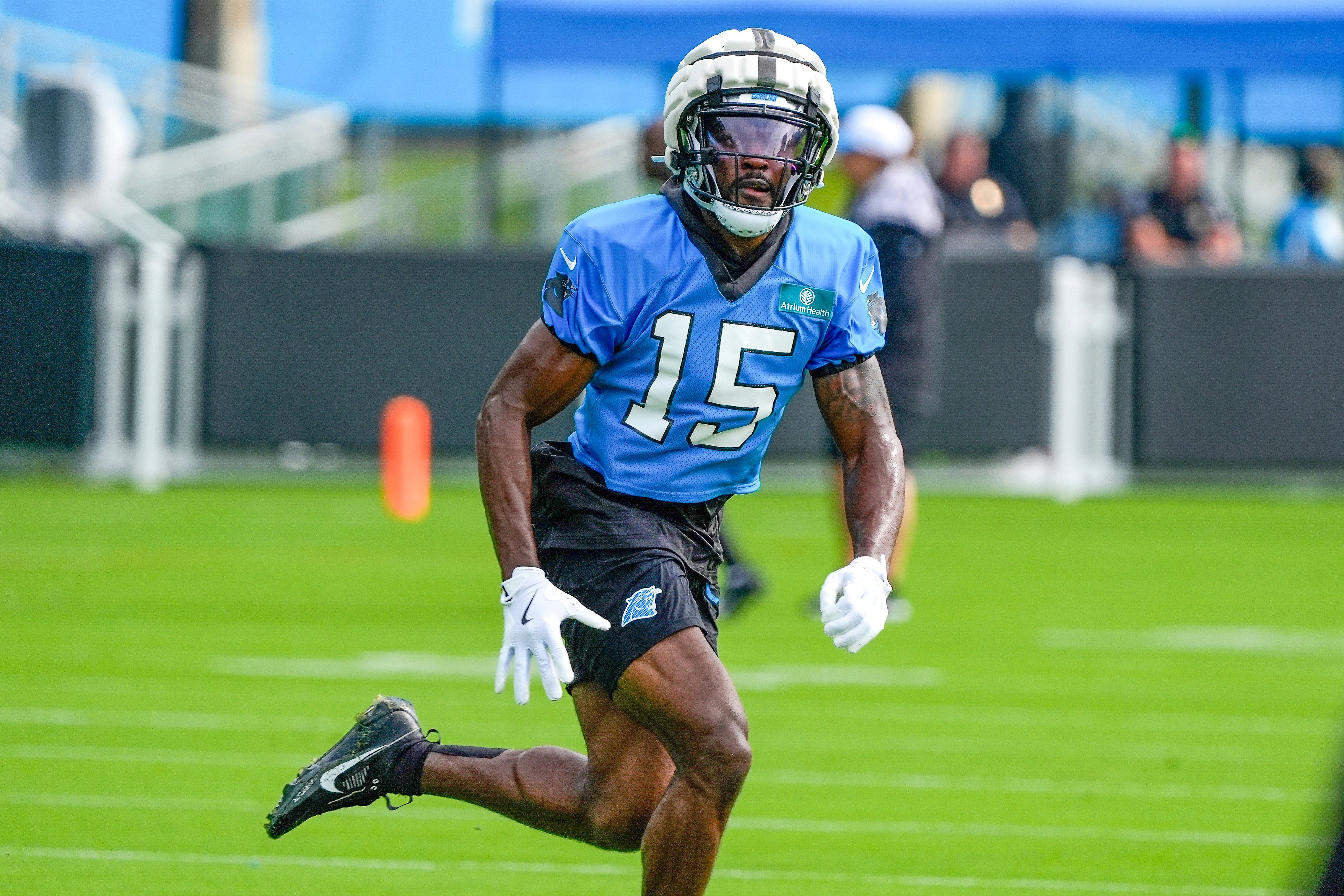 Jul 24, 2024; Charlotte, NC, USA; Carolina Panthers wide receiver Jonathan Mingo (15) runs a pass route at Carolina Panthers Practice Fields. Mandatory Credit: Jim Dedmon-USA TODAY Sports