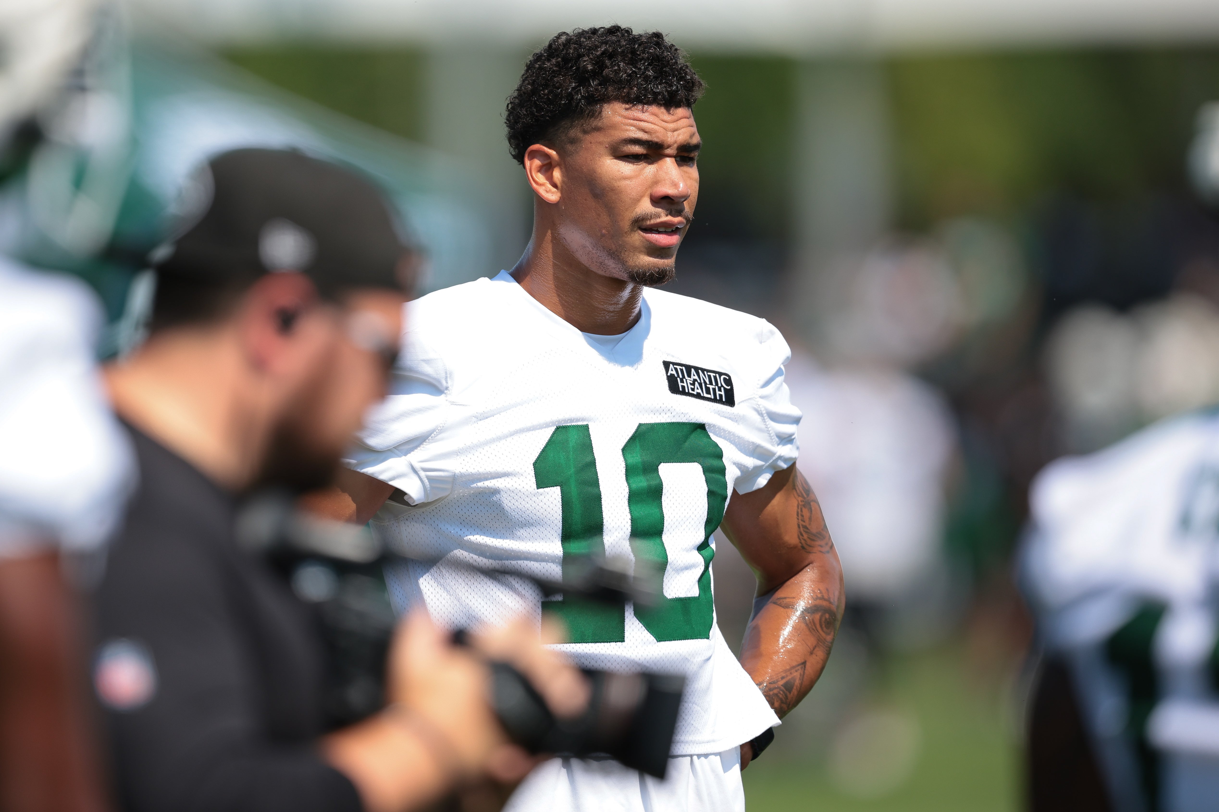New York Jets wide receiver Allen Lazard (10) looks on during training camp at Atlantic Health Jets Training Center.