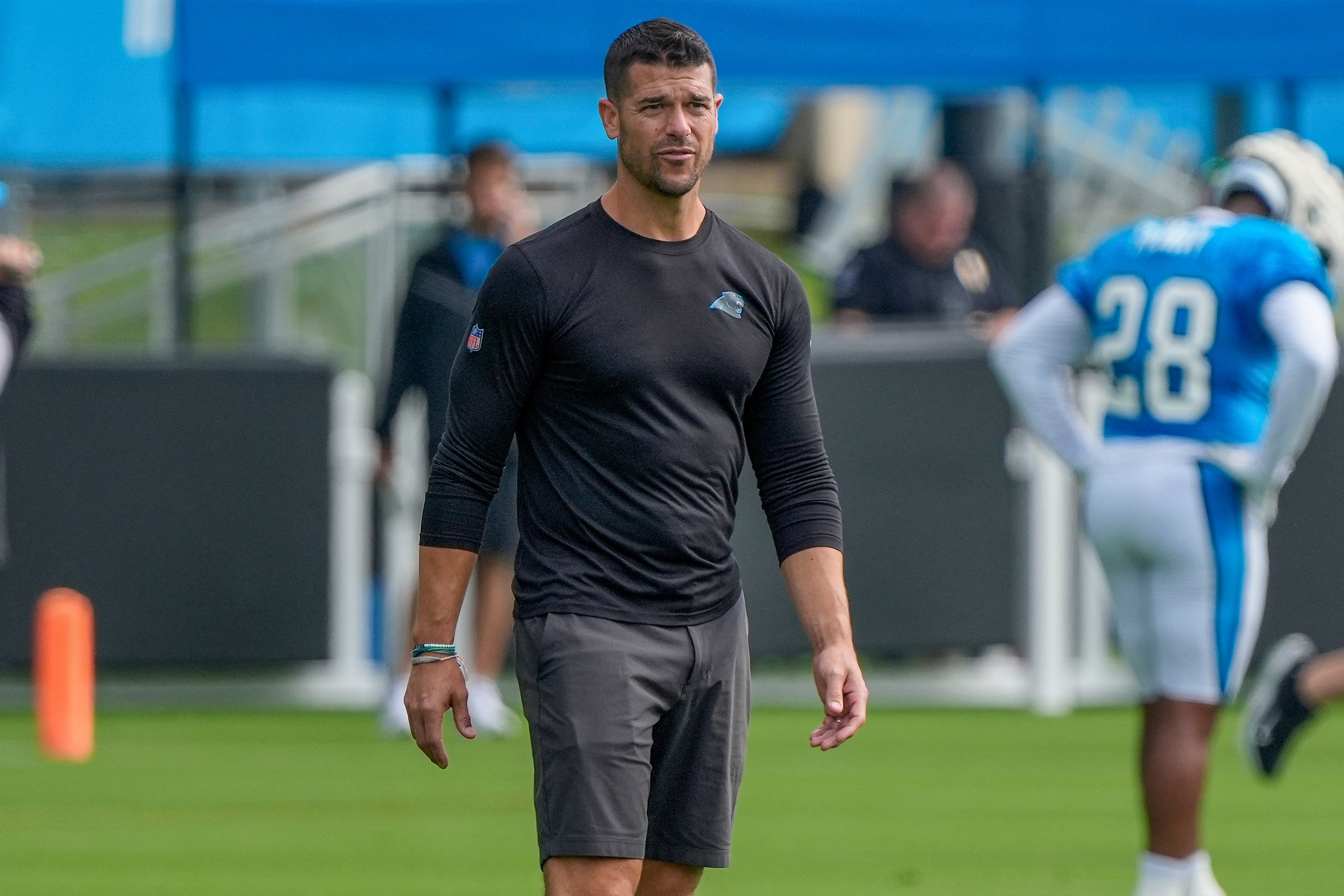 Jul 24, 2024; Charlotte, NC, USA; Carolina Panthers head coach Dave Canales at Carolina Panthers Practice Fields. Mandatory Credit: Jim Dedmon-USA TODAY Sports