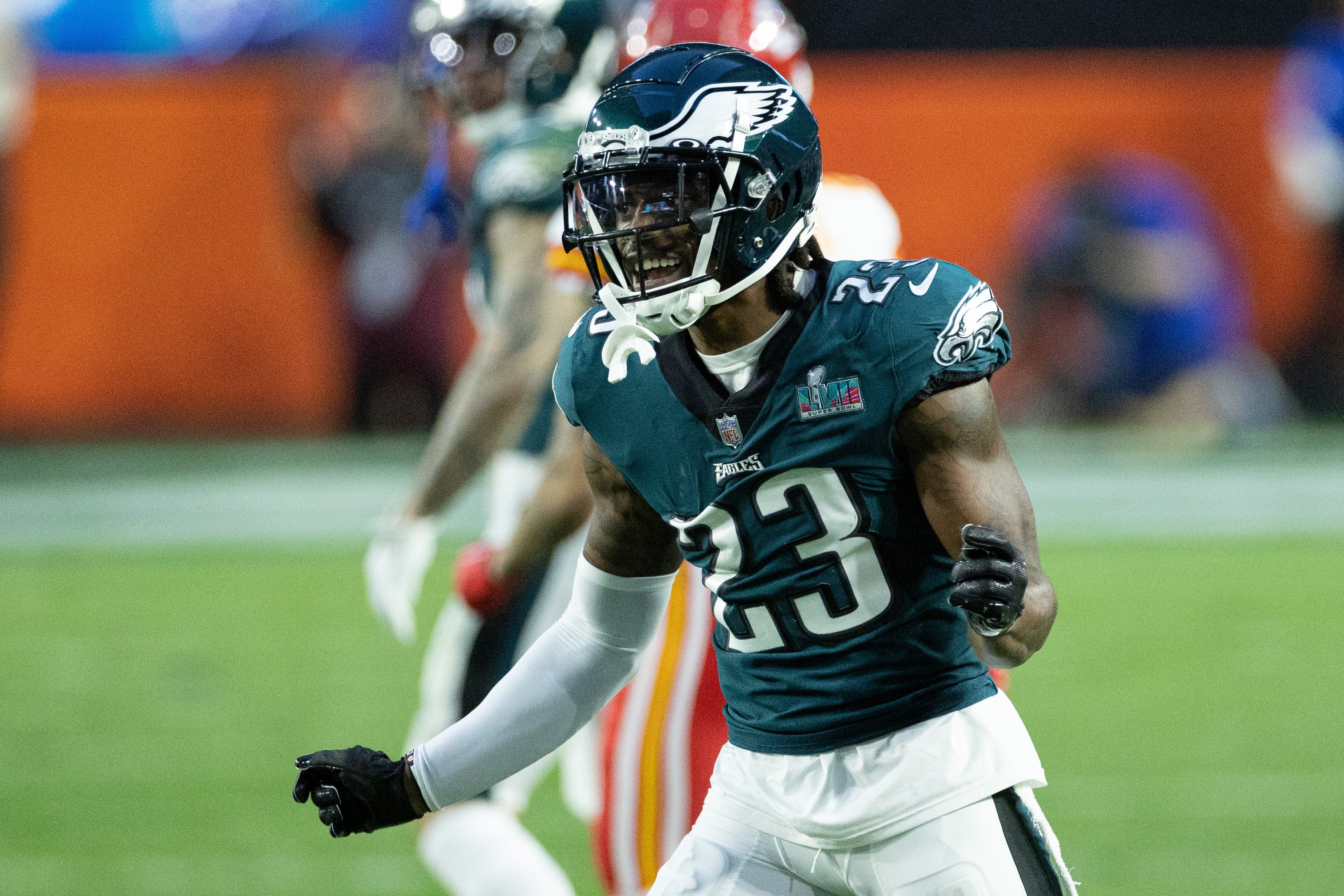 Philadelphia Eagles safety C.J. Gardner-Johnson (23) reacts against the Kansas City Chiefs in Super Bowl LVII at State Farm Stadium.