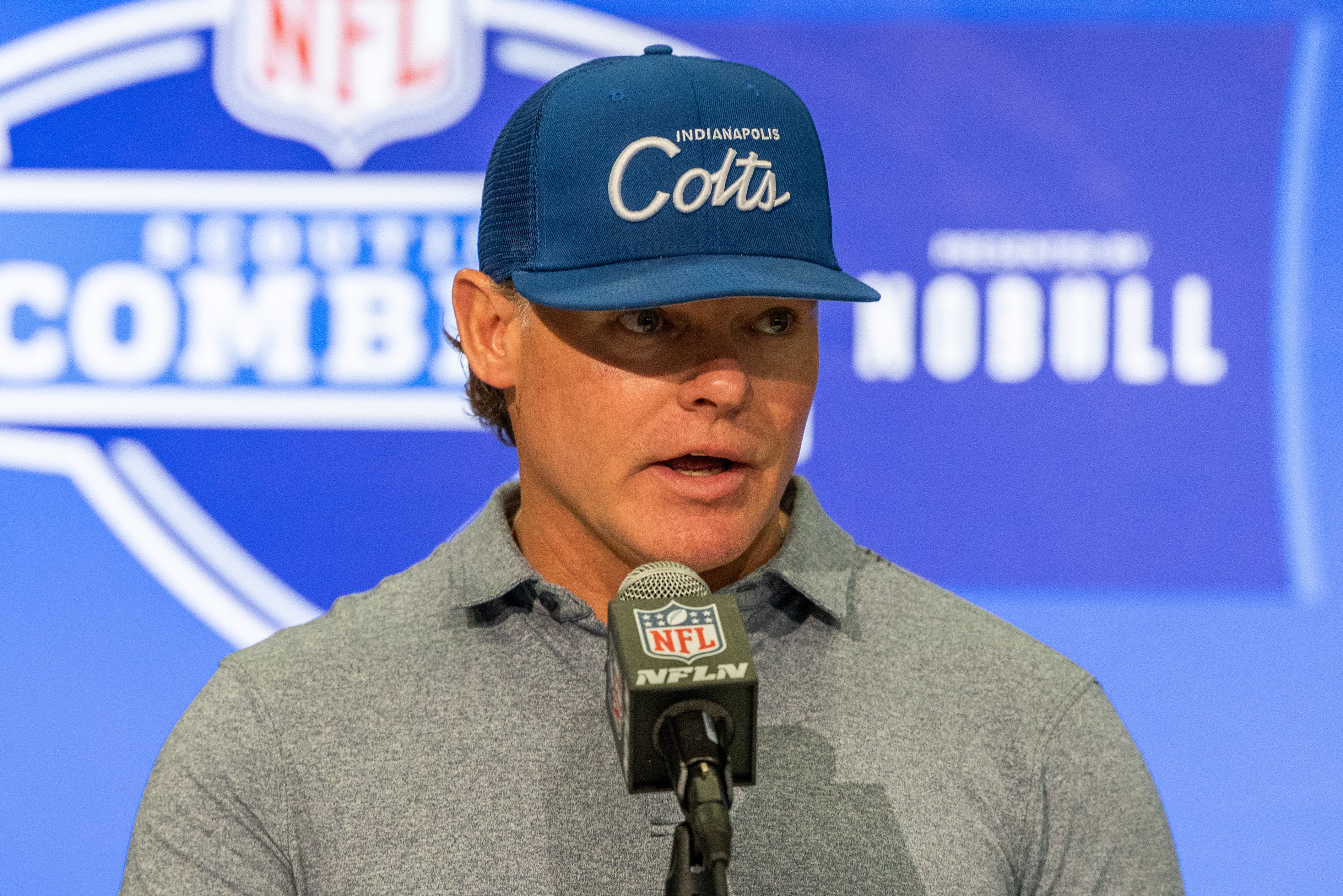 Feb 28, 2024; Indianapolis, IN, USA; Indianapolis Colts general manager Chris Ballard talks to the media at the 2024 NFL Combine at Indiana Convention Center.