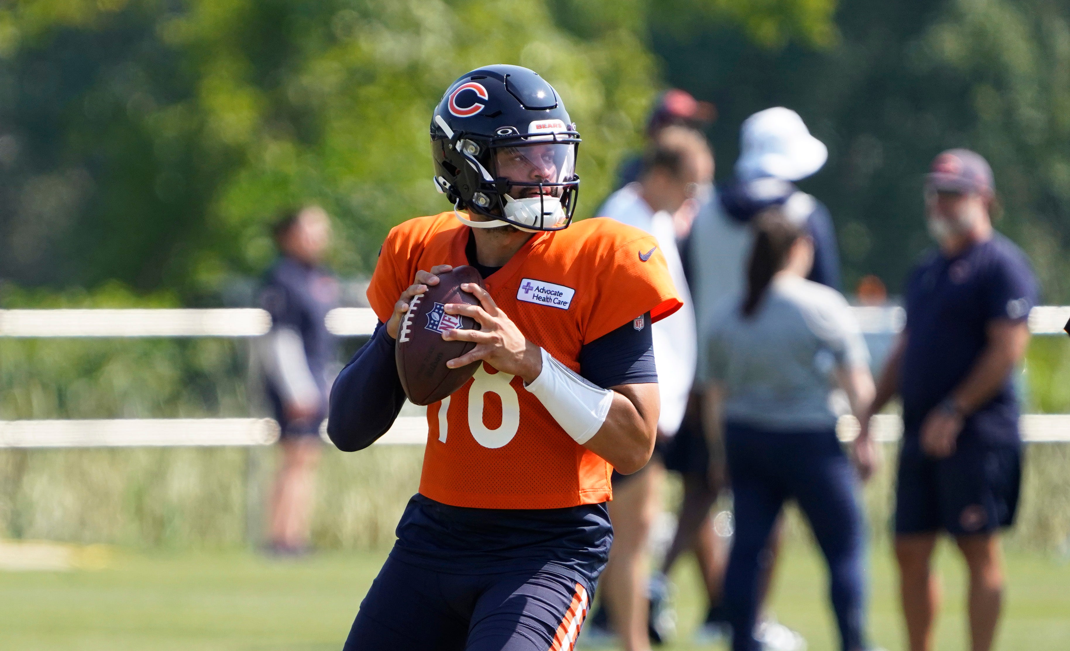 Jul 27, 2024; Lake Forest, IL, USA; Chicago Bears quarterback Caleb Williams (18) throws a pass during Chicago Bears Training Camp at Halas Hall.
